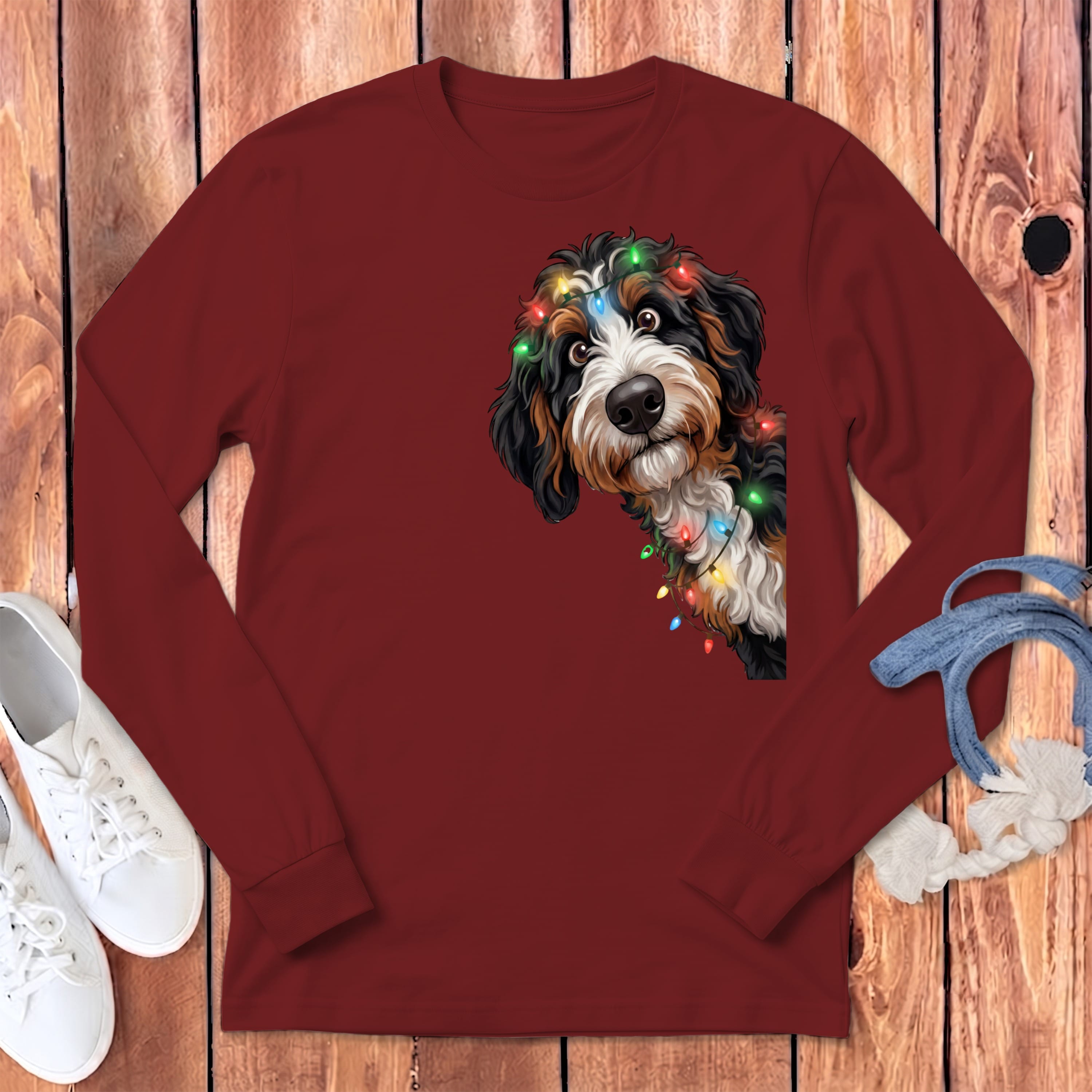 Peeking Bernedoodle Holiday Long Sleeve T-Shirt in Cardinal / S by Puppy Jo