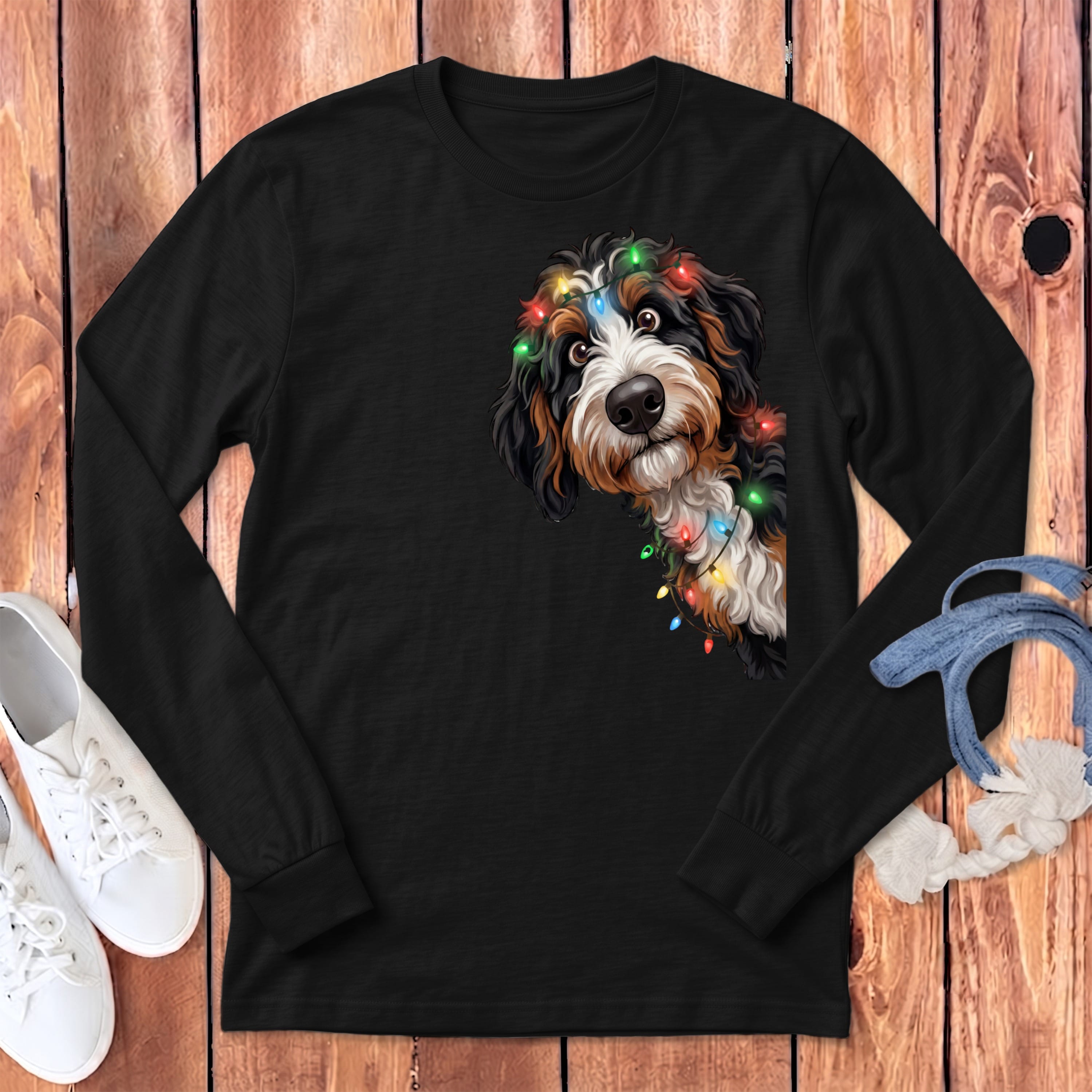 Peeking Bernedoodle Holiday Long Sleeve T-Shirt in Dark Grey Heather / S by Puppy Jo