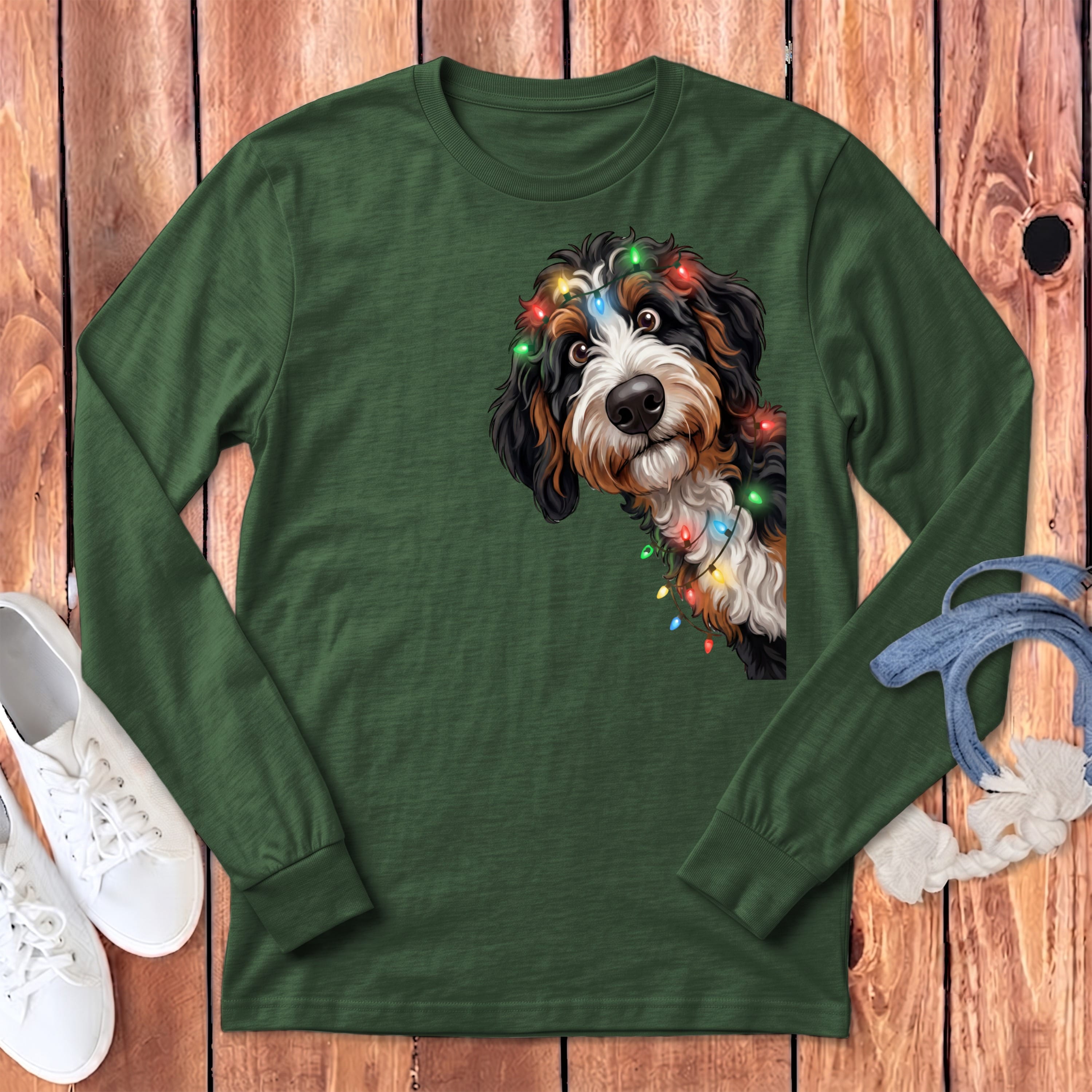 Peeking Bernedoodle Holiday Long Sleeve T-Shirt in Heather Forest / S by Puppy Jo