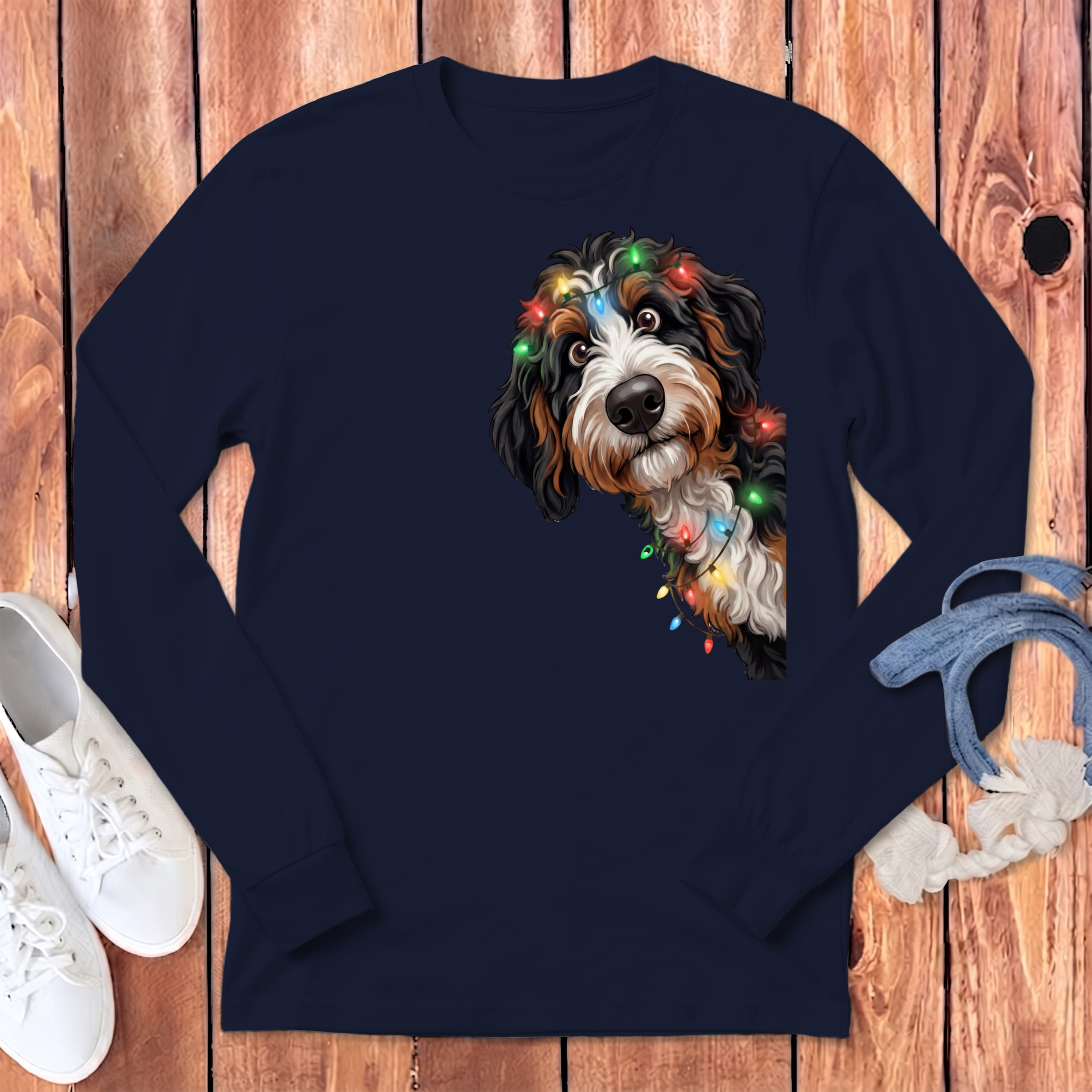 Peeking Bernedoodle Holiday Long Sleeve T-Shirt in Navy / S by Puppy Jo