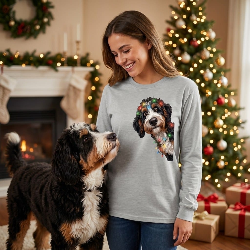 Peeking Bernedoodle Holiday Long Sleeve T-Shirt in by Puppy Jo