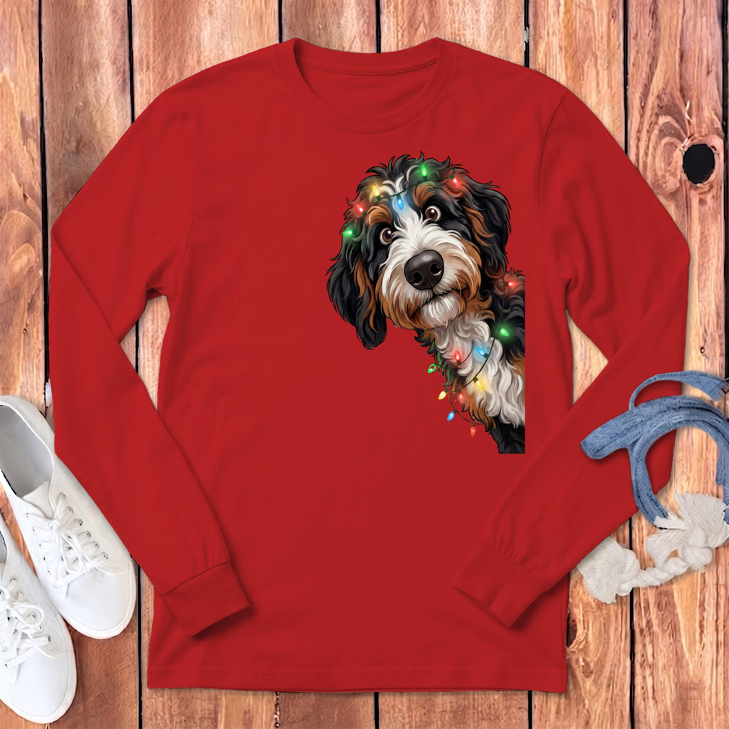 Peeking Bernedoodle Holiday Long Sleeve T-Shirt in Red / S by Puppy Jo