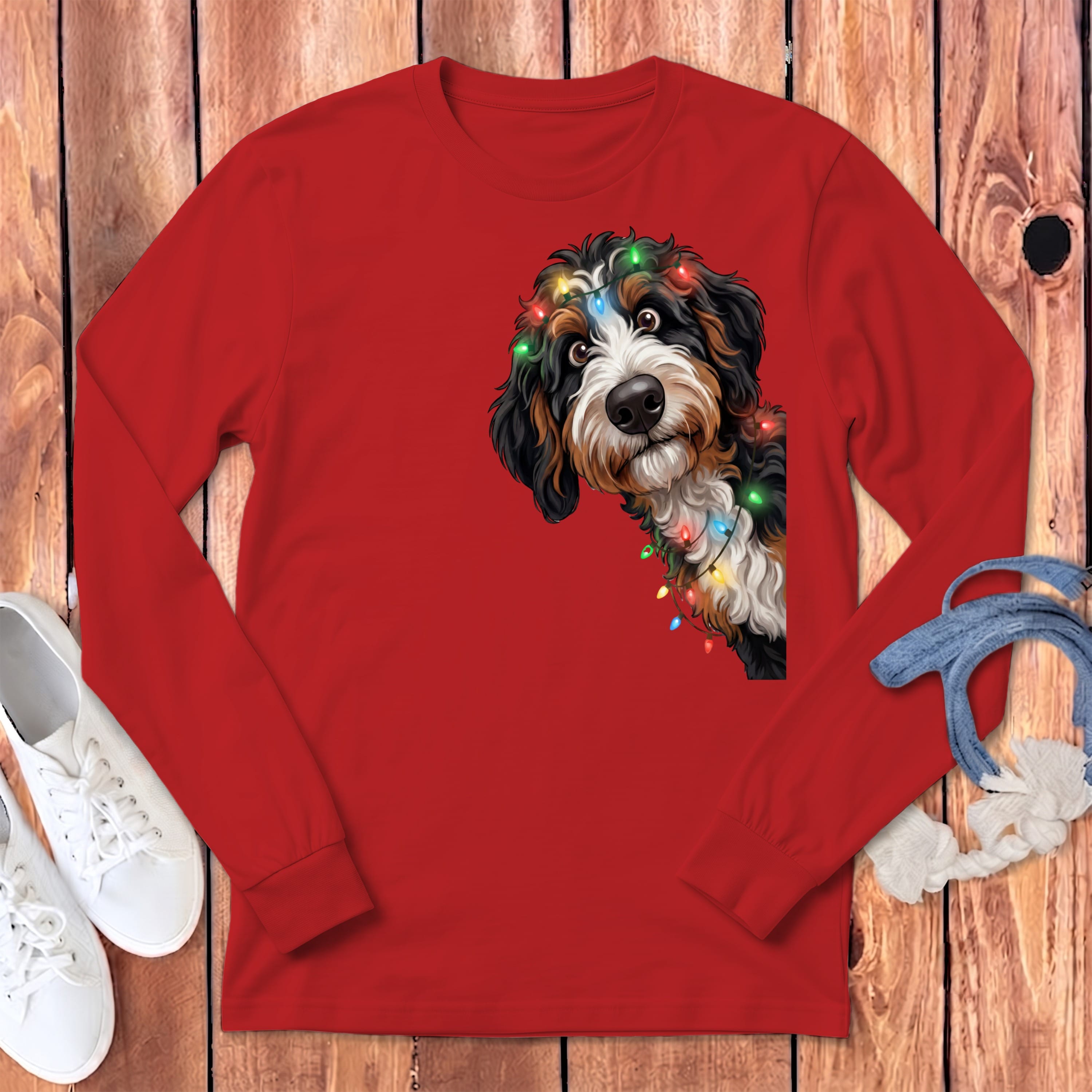 Peeking Bernedoodle Holiday Long Sleeve T-Shirt in Red / S by Puppy Jo
