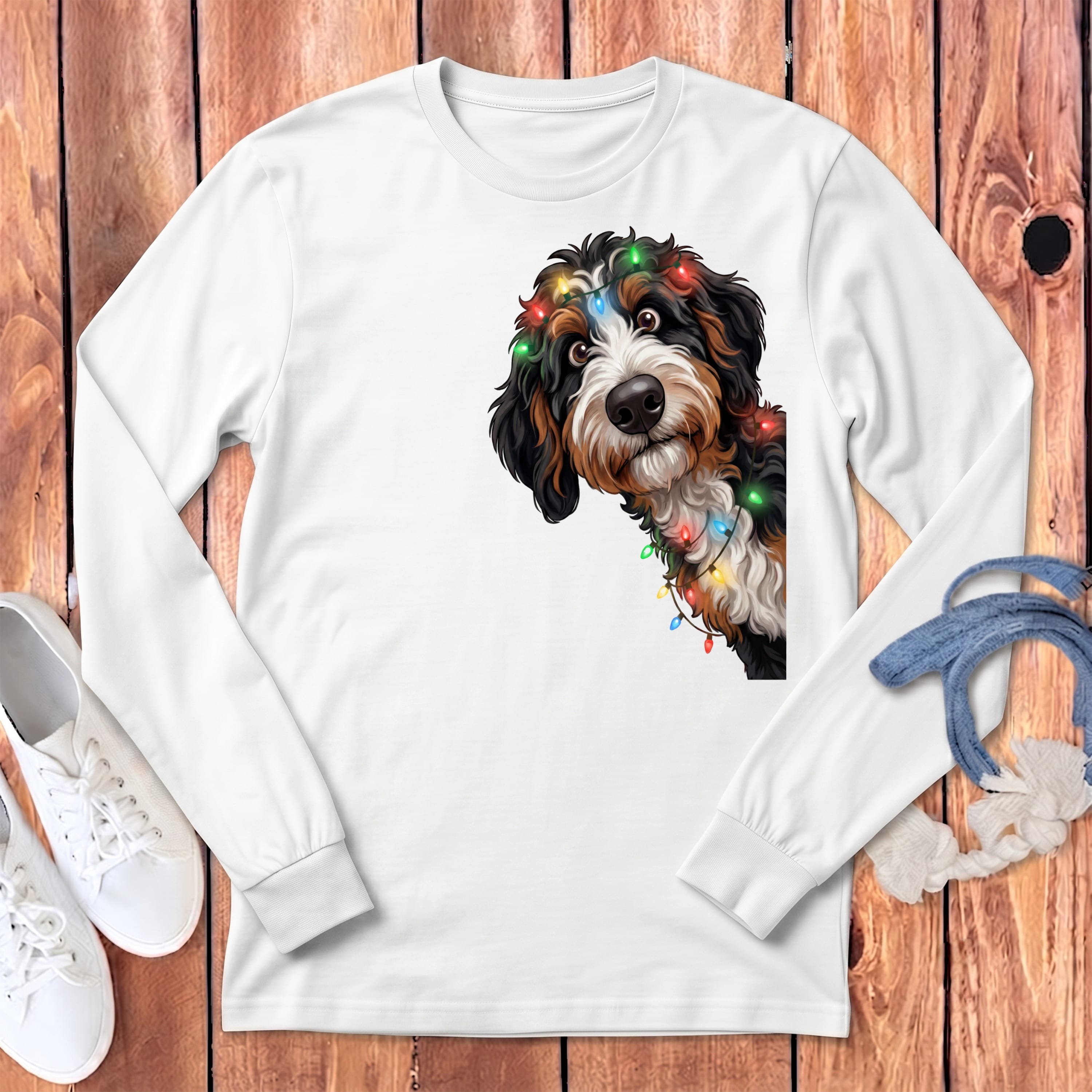 Peeking Bernedoodle Holiday Long Sleeve T-Shirt in White / S by Puppy Jo