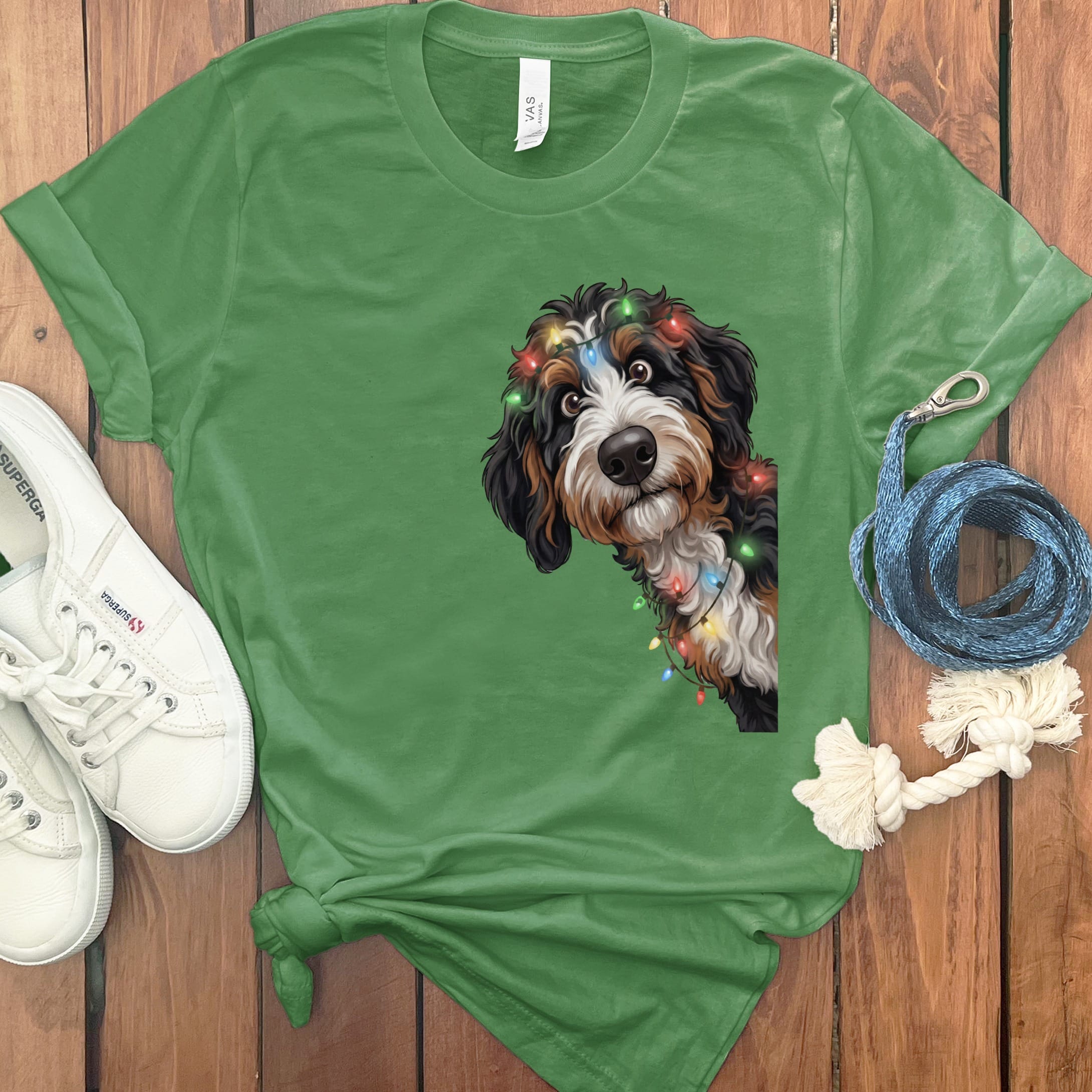Peeking Bernedoodle Holiday T-Shirt in Leaf / M / T-Shirts by Puppy Jo
