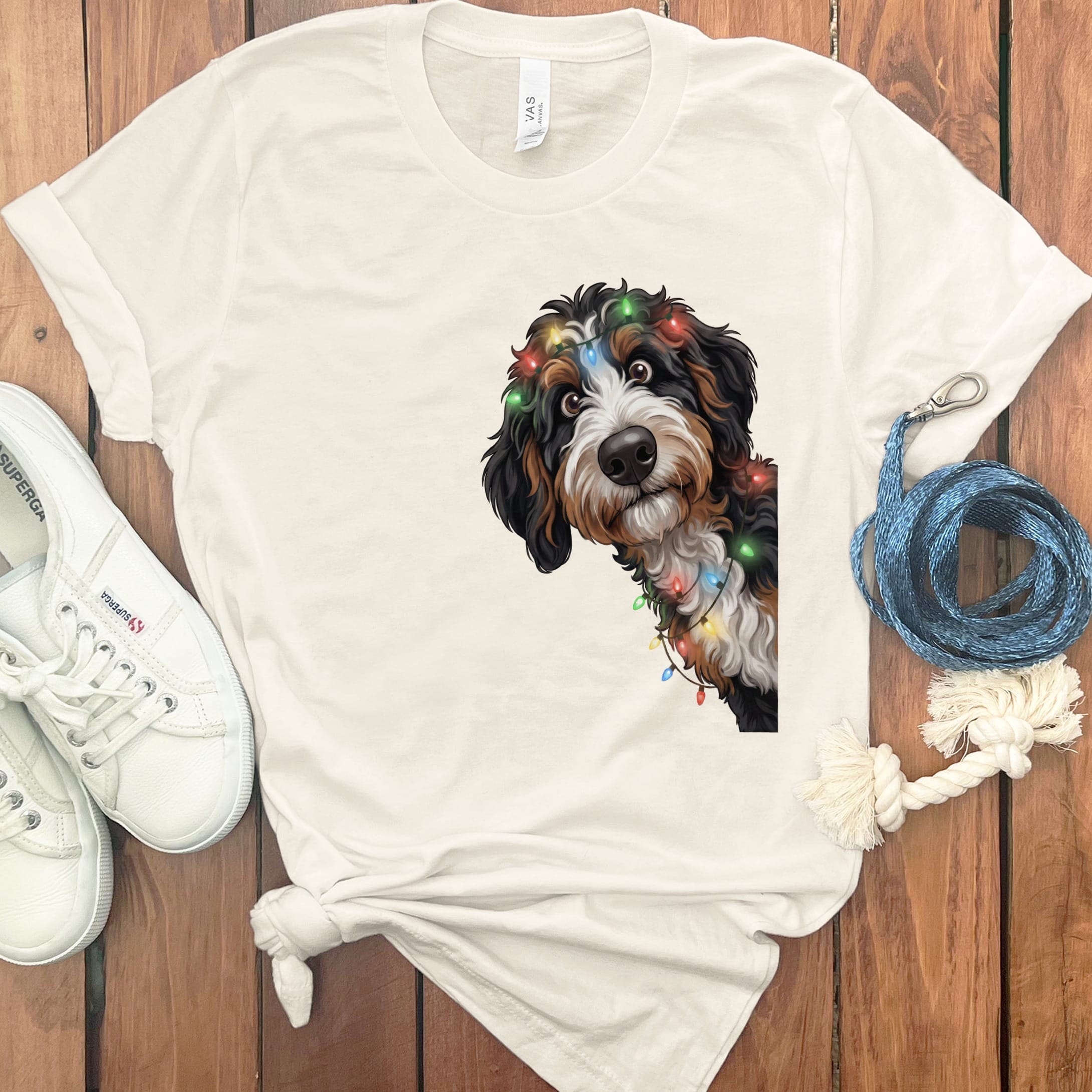 Peeking Bernedoodle Holiday T-Shirt in Natural / M / T-Shirts by Puppy Jo