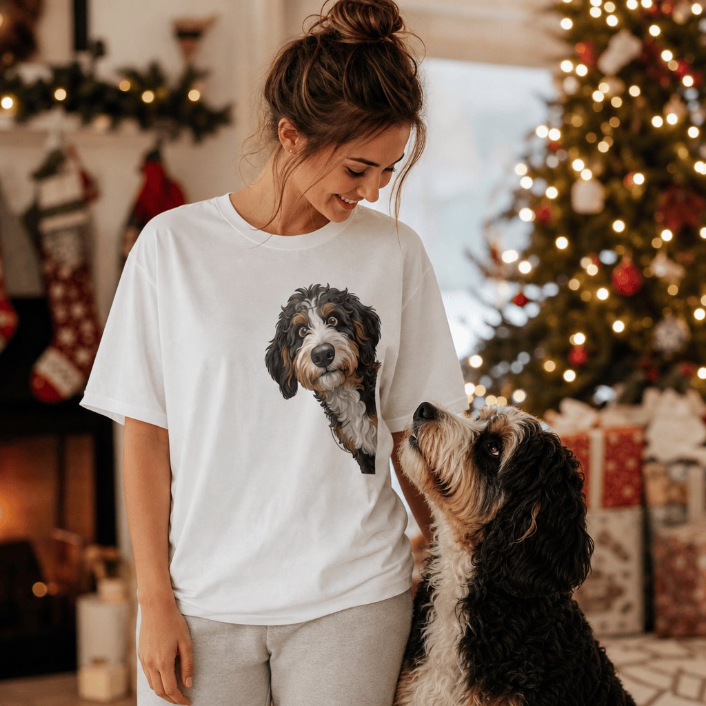 Peeking Bernedoodle Holiday T-Shirt in by Puppy Jo