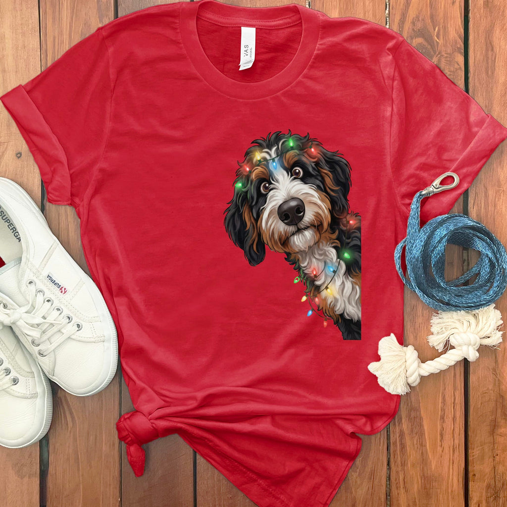 Peeking Bernedoodle Holiday T-Shirt in Red / M / T-Shirts by Puppy Jo
