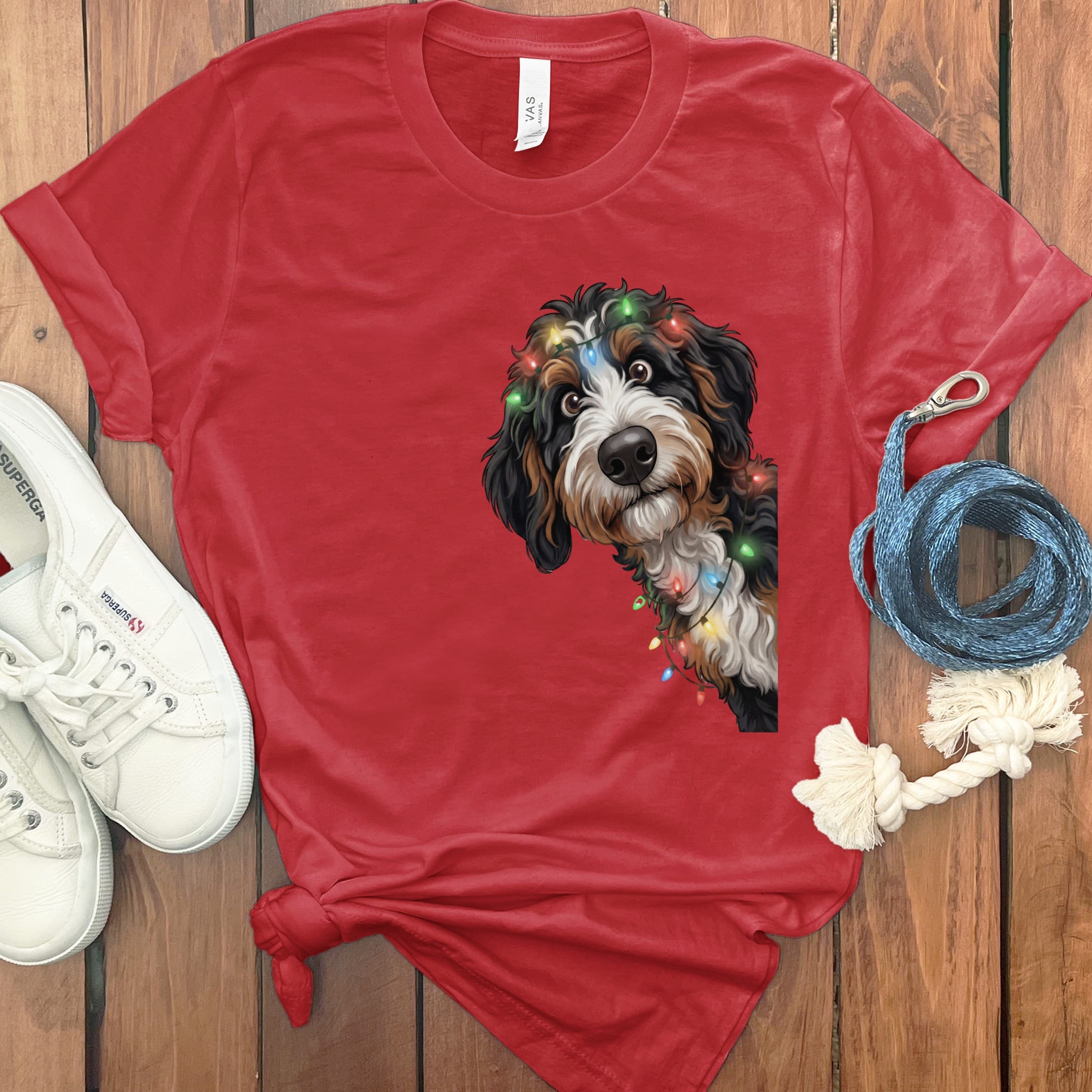 Peeking Bernedoodle Holiday T-Shirt in Red / M / T-Shirts by Puppy Jo