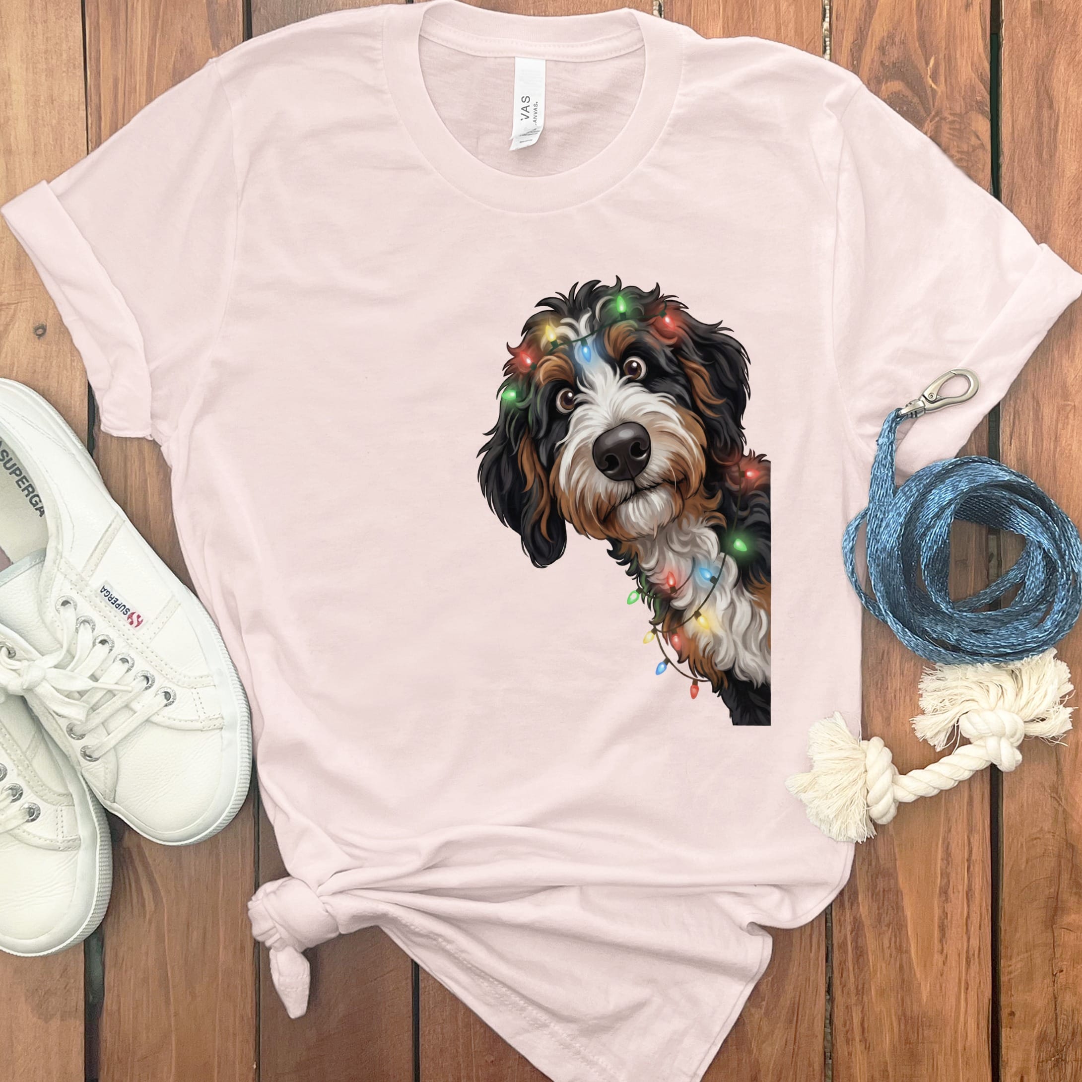 Peeking Bernedoodle Holiday T-Shirt in Soft Pink / M / T-Shirts by Puppy Jo