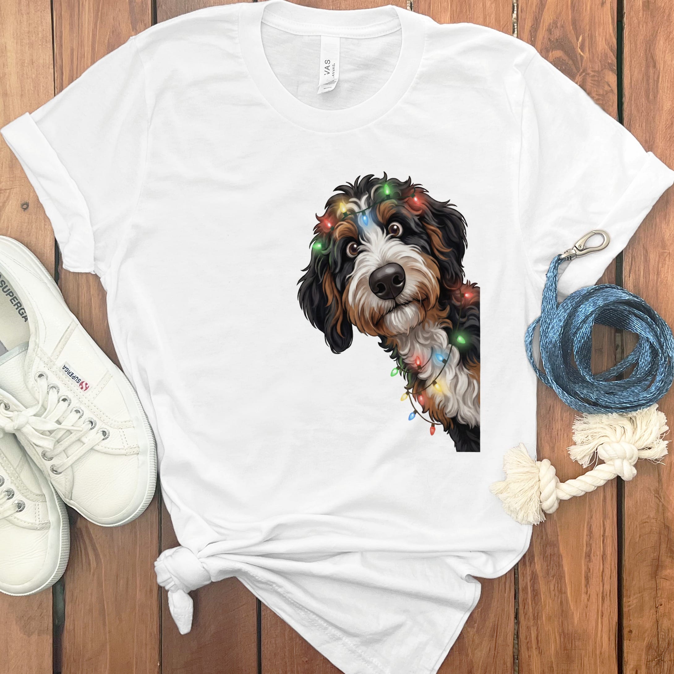 Peeking Bernedoodle Holiday T-Shirt in White / M / T-Shirts by Puppy Jo