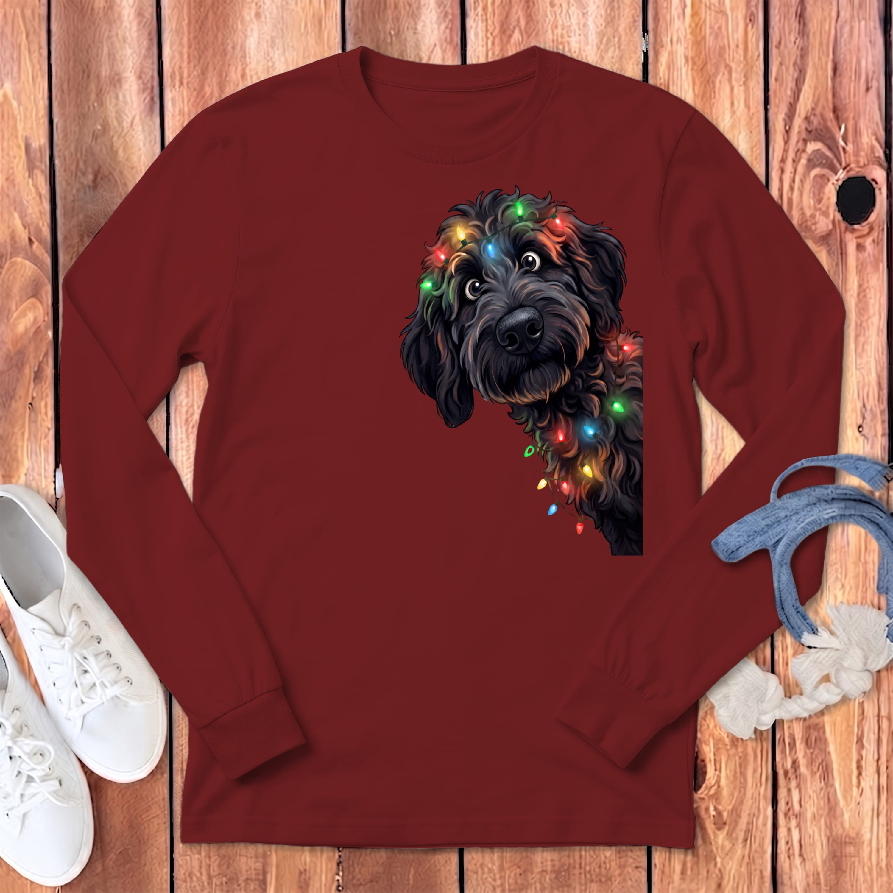 Peeking Black Goldendoodle Holiday Long Sleeve T-Shirt in Cardinal / S by Puppy Jo
