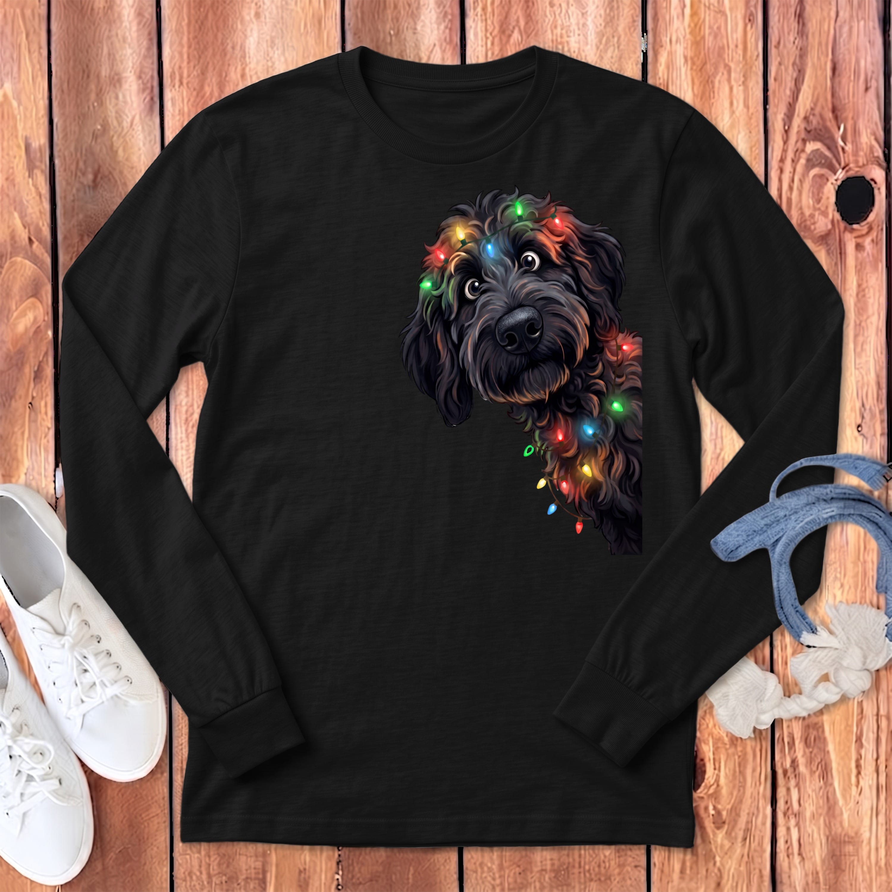 Peeking Black Goldendoodle Holiday Long Sleeve T-Shirt in Dark Grey Heather / S by Puppy Jo