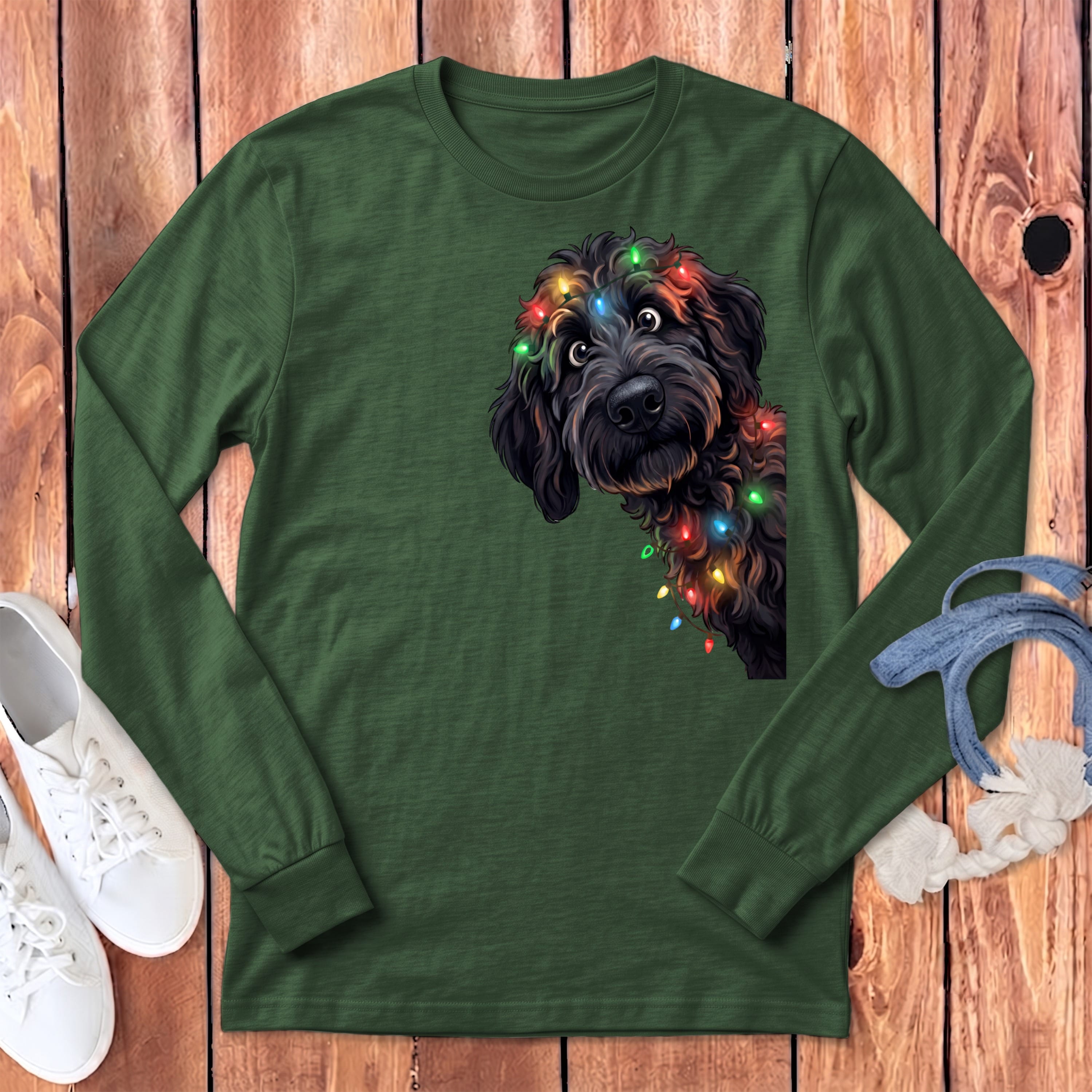 Peeking Black Goldendoodle Holiday Long Sleeve T-Shirt in Heather Forest / S by Puppy Jo