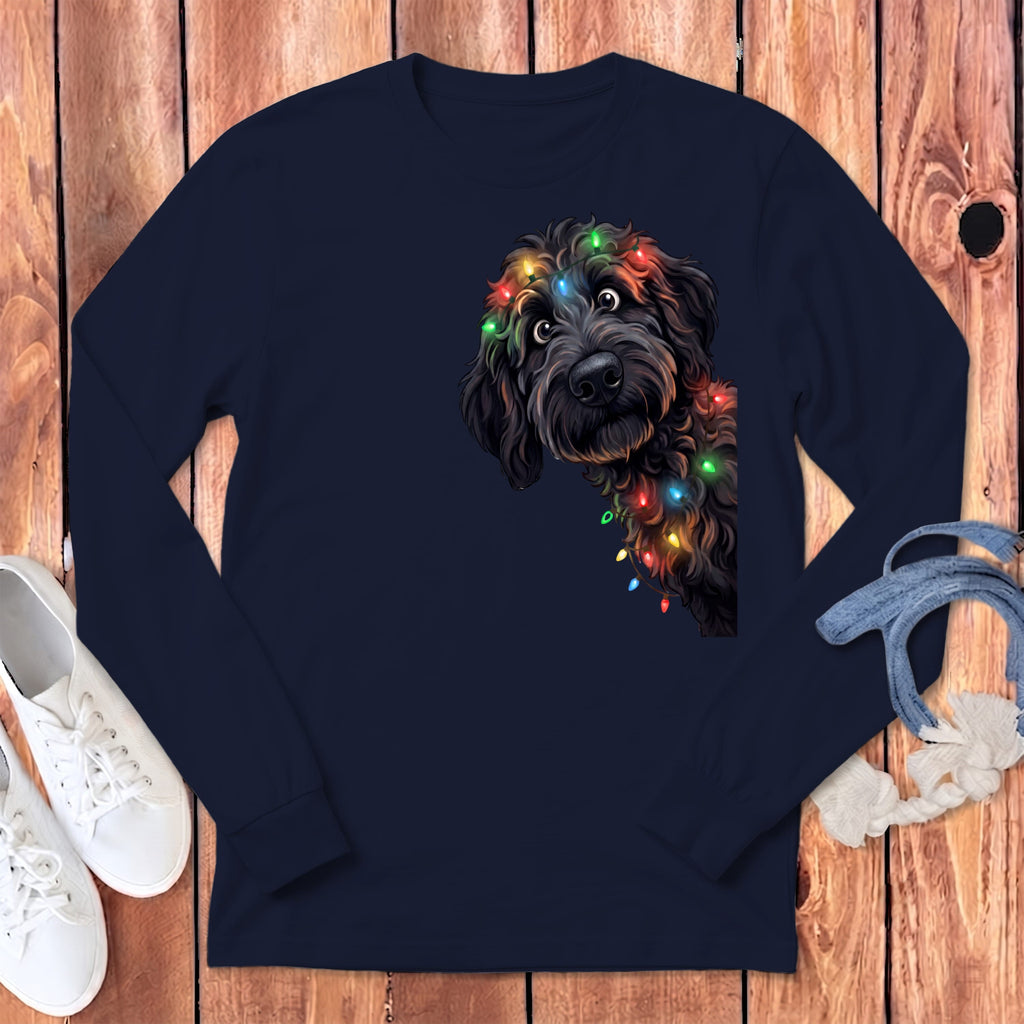Peeking Black Goldendoodle Holiday Long Sleeve T-Shirt in Navy / S by Puppy Jo