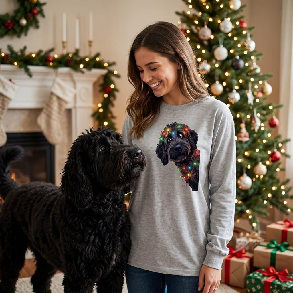 Peeking Black Goldendoodle Holiday Long Sleeve T-Shirt in by Puppy Jo
