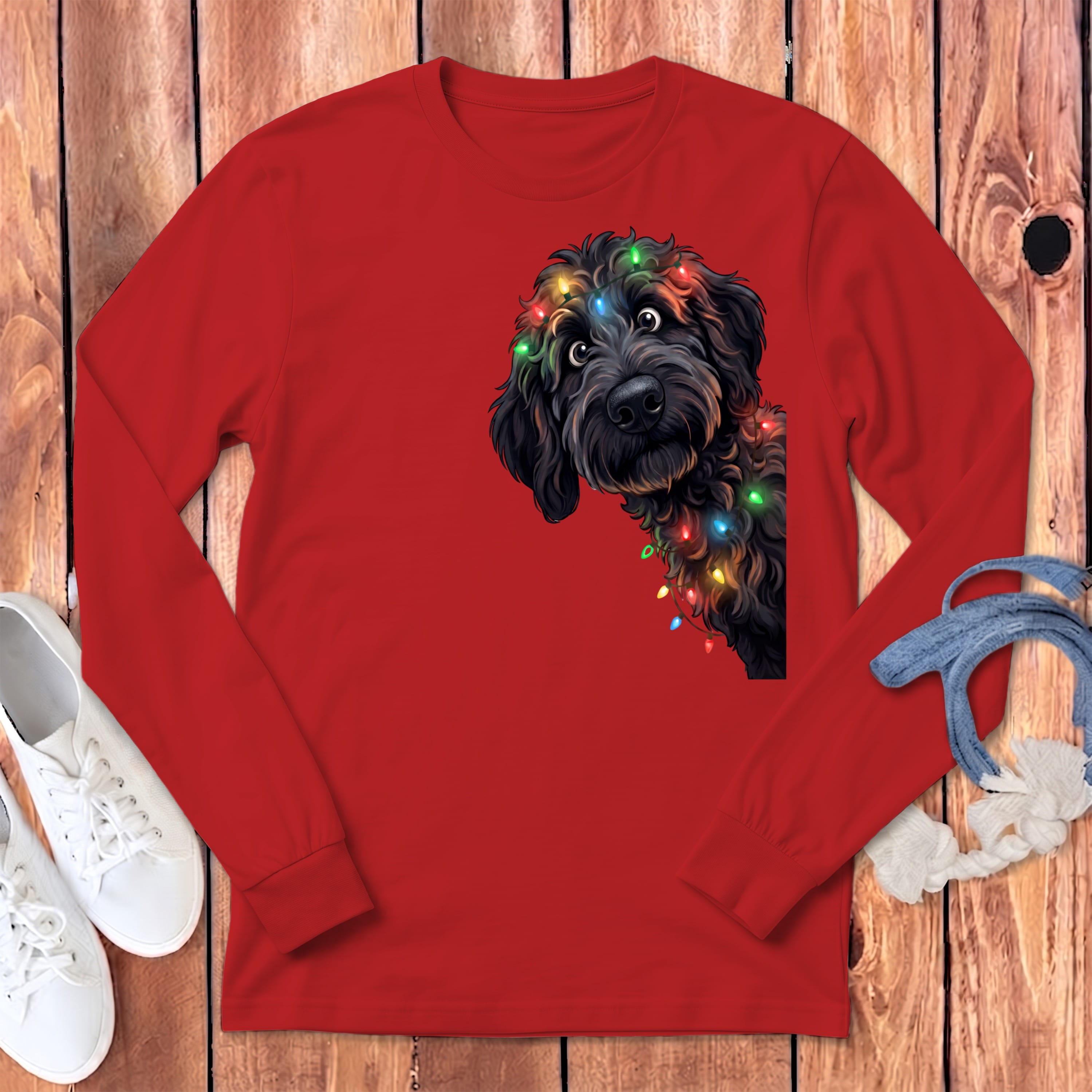 Peeking Black Goldendoodle Holiday Long Sleeve T-Shirt in Red / S by Puppy Jo