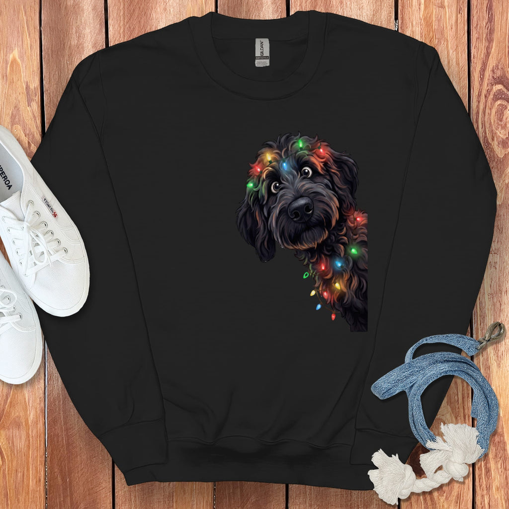 Peeking Black Goldendoodle Holiday Sweatshirt in Black / M by Puppy Jo
