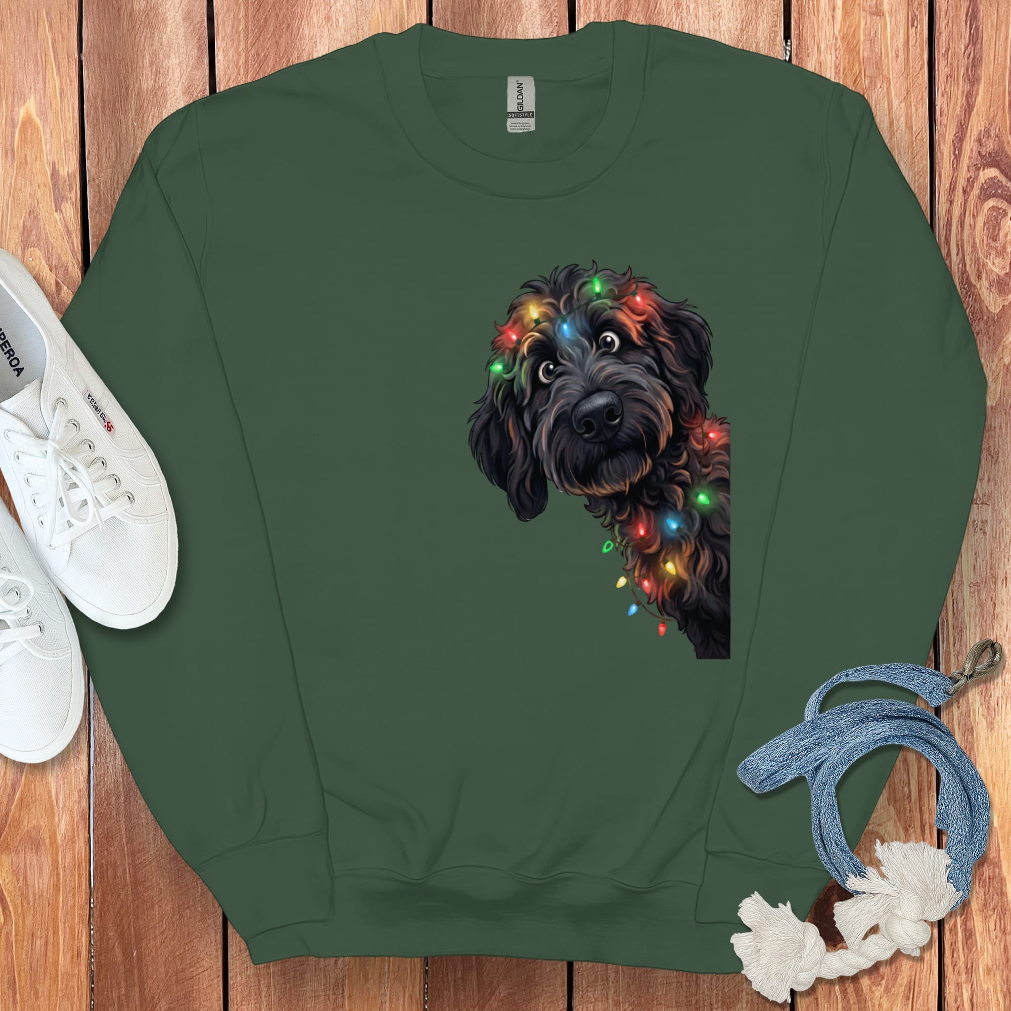 Peeking Black Goldendoodle Holiday Sweatshirt in Forest Green / M by Puppy Jo