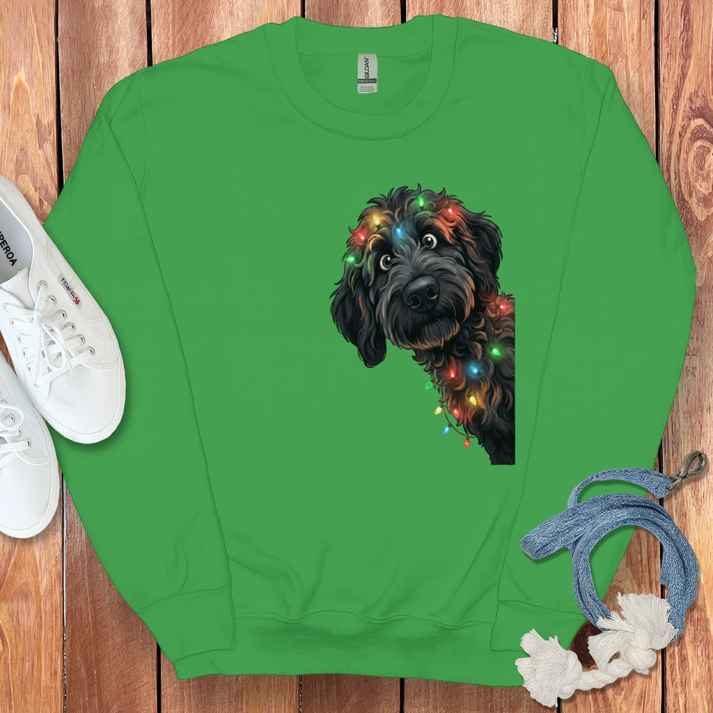 Peeking Black Goldendoodle Holiday Sweatshirt in Irish Green / M by Puppy Jo