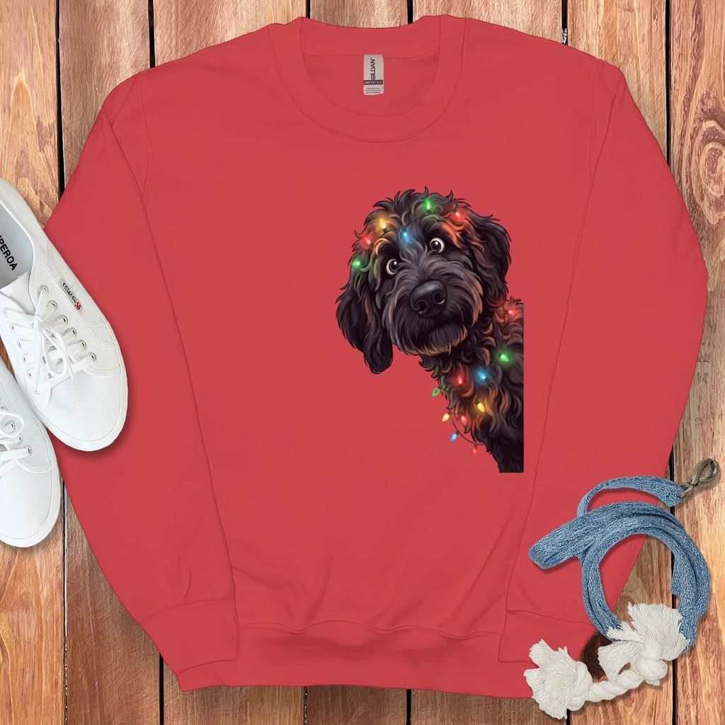 Peeking Black Goldendoodle Holiday Sweatshirt in Red / M by Puppy Jo