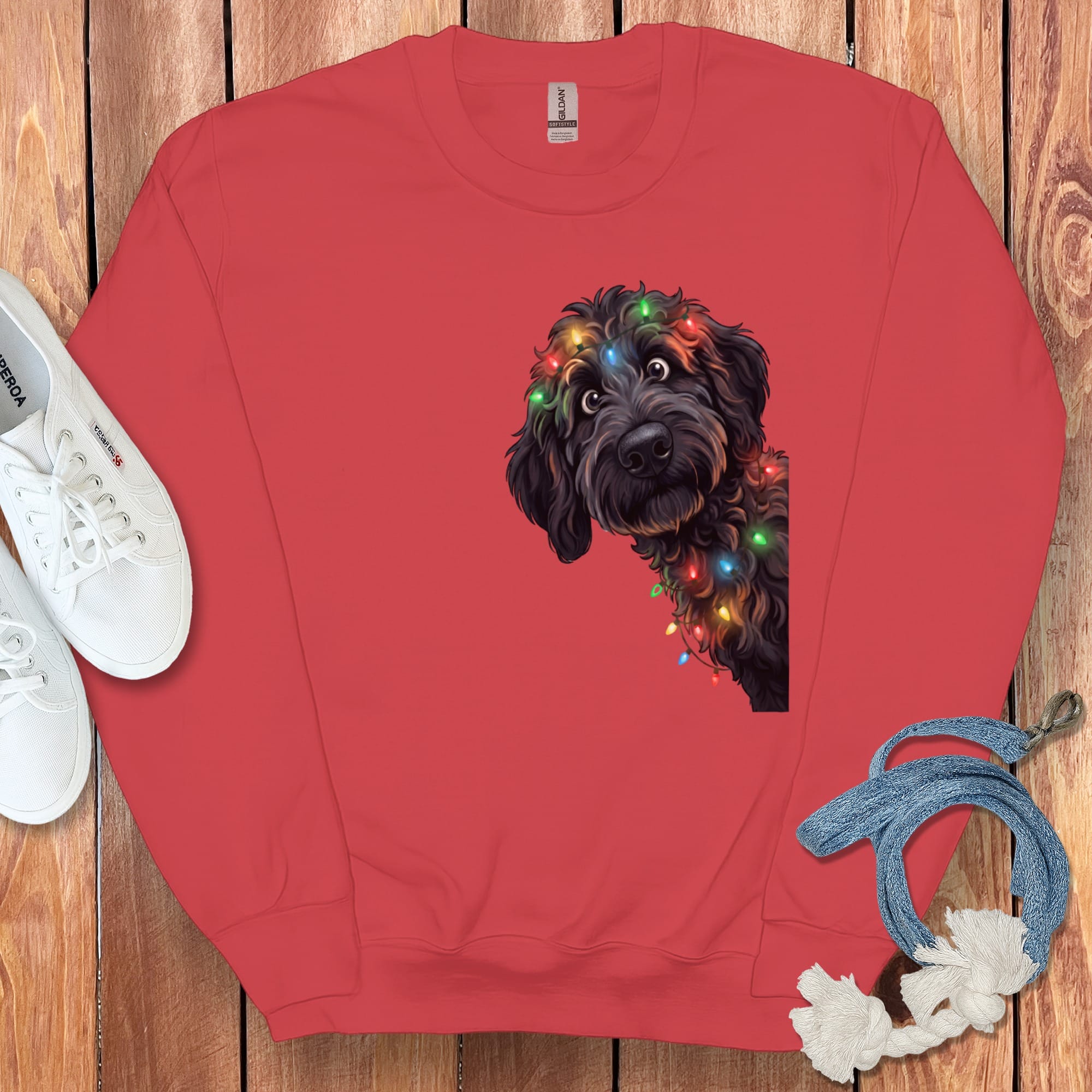 Peeking Black Goldendoodle Holiday Sweatshirt in Red / M by Puppy Jo