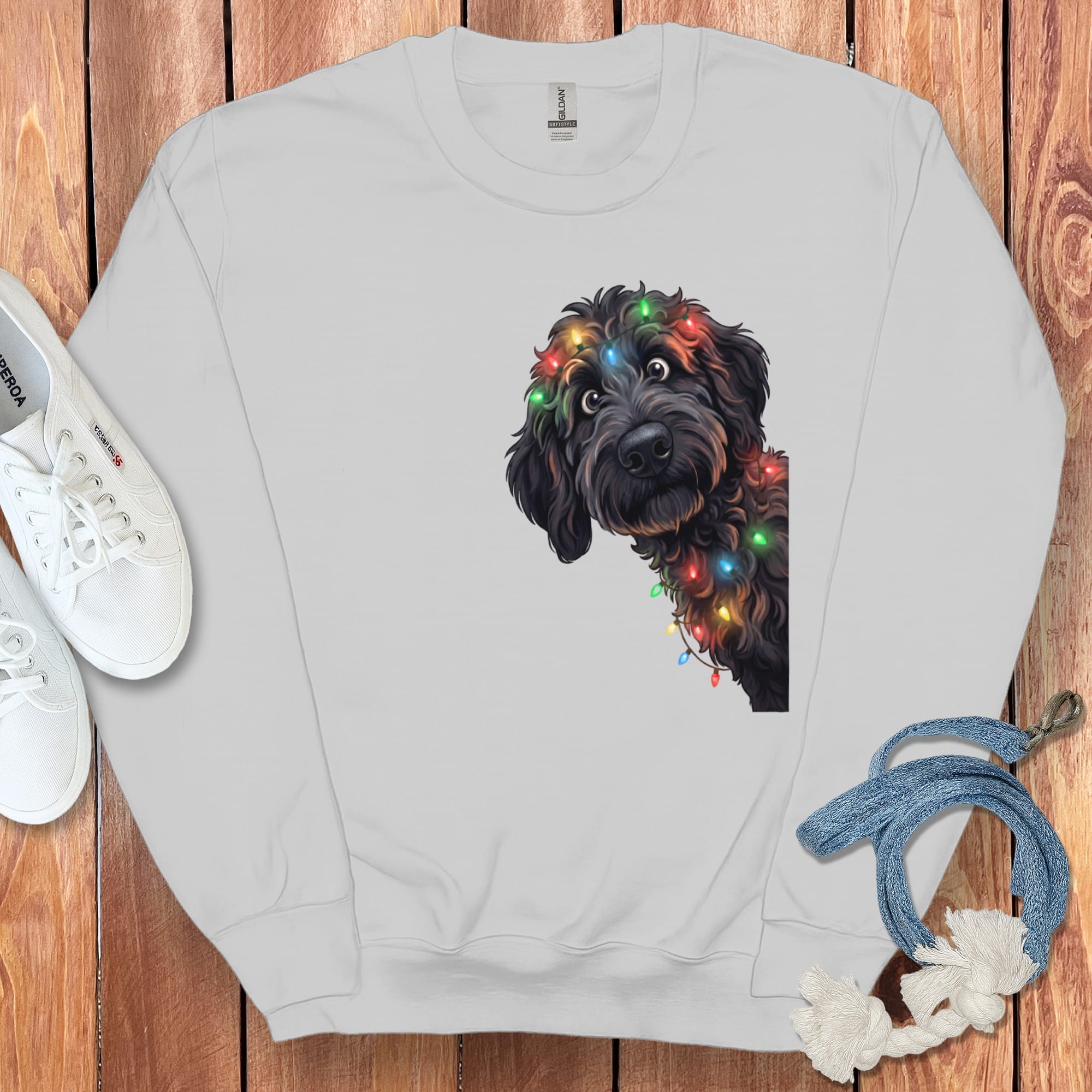 Peeking Black Goldendoodle Holiday Sweatshirt in Sport Grey / M by Puppy Jo