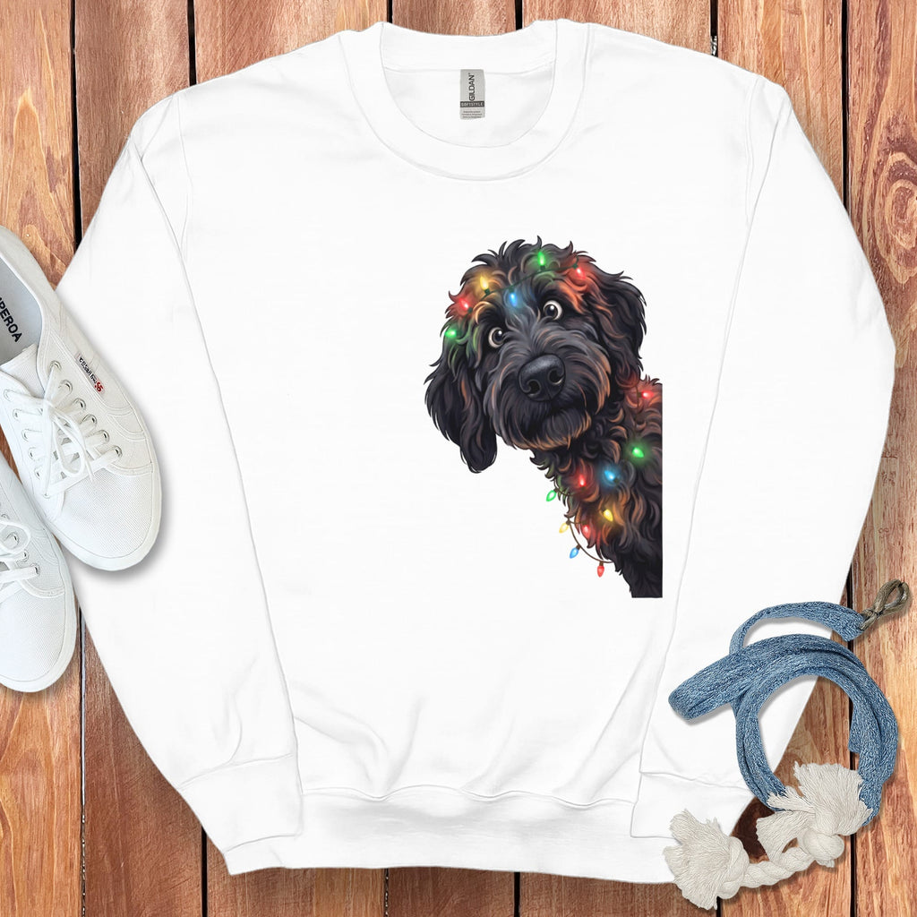 Peeking Black Goldendoodle Holiday Sweatshirt in White / M by Puppy Jo