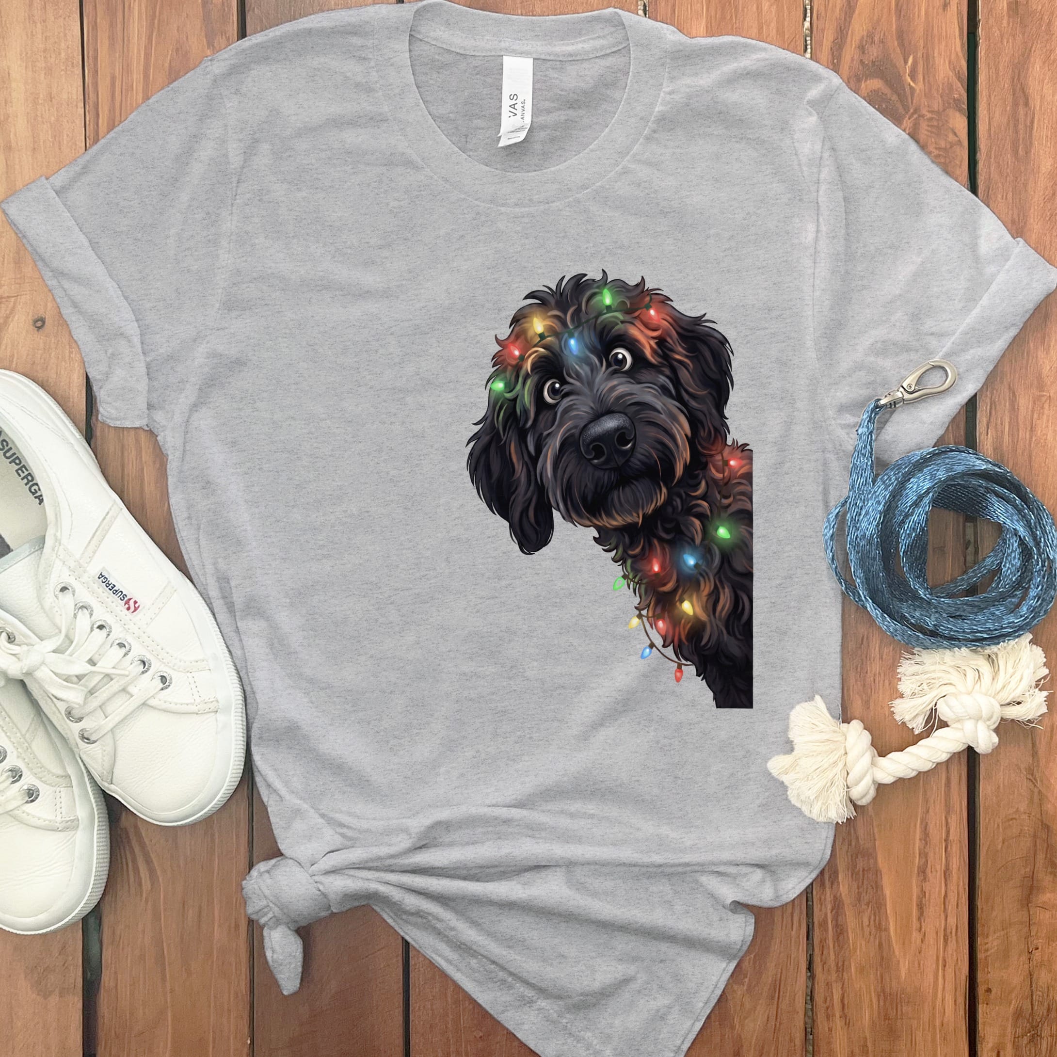Peeking Black Goldendoodle Holiday T-Shirt in Athletic Heather / M / T-Shirts by Puppy Jo