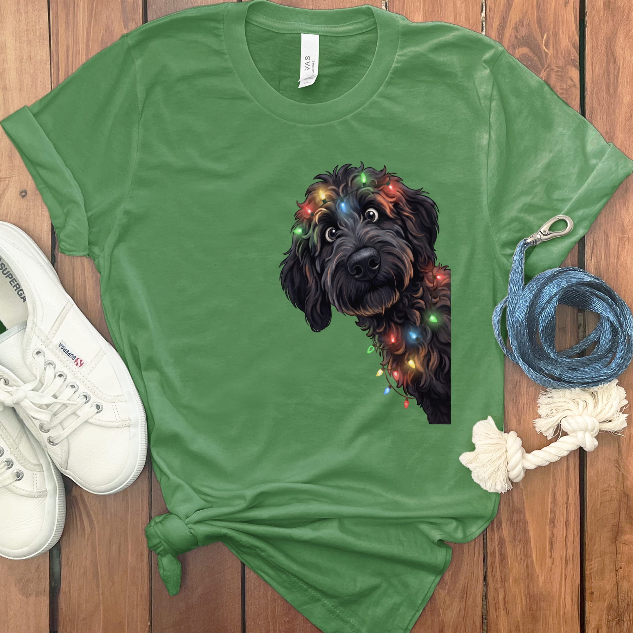 Peeking Black Goldendoodle Holiday T-Shirt in Leaf / M / T-Shirts by Puppy Jo