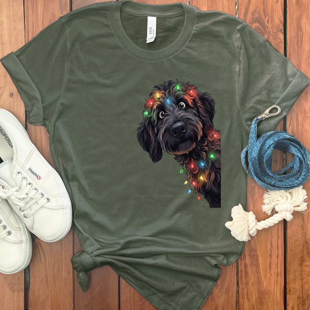 Peeking Black Goldendoodle Holiday T-Shirt in Military Green / M / T-Shirts by Puppy Jo