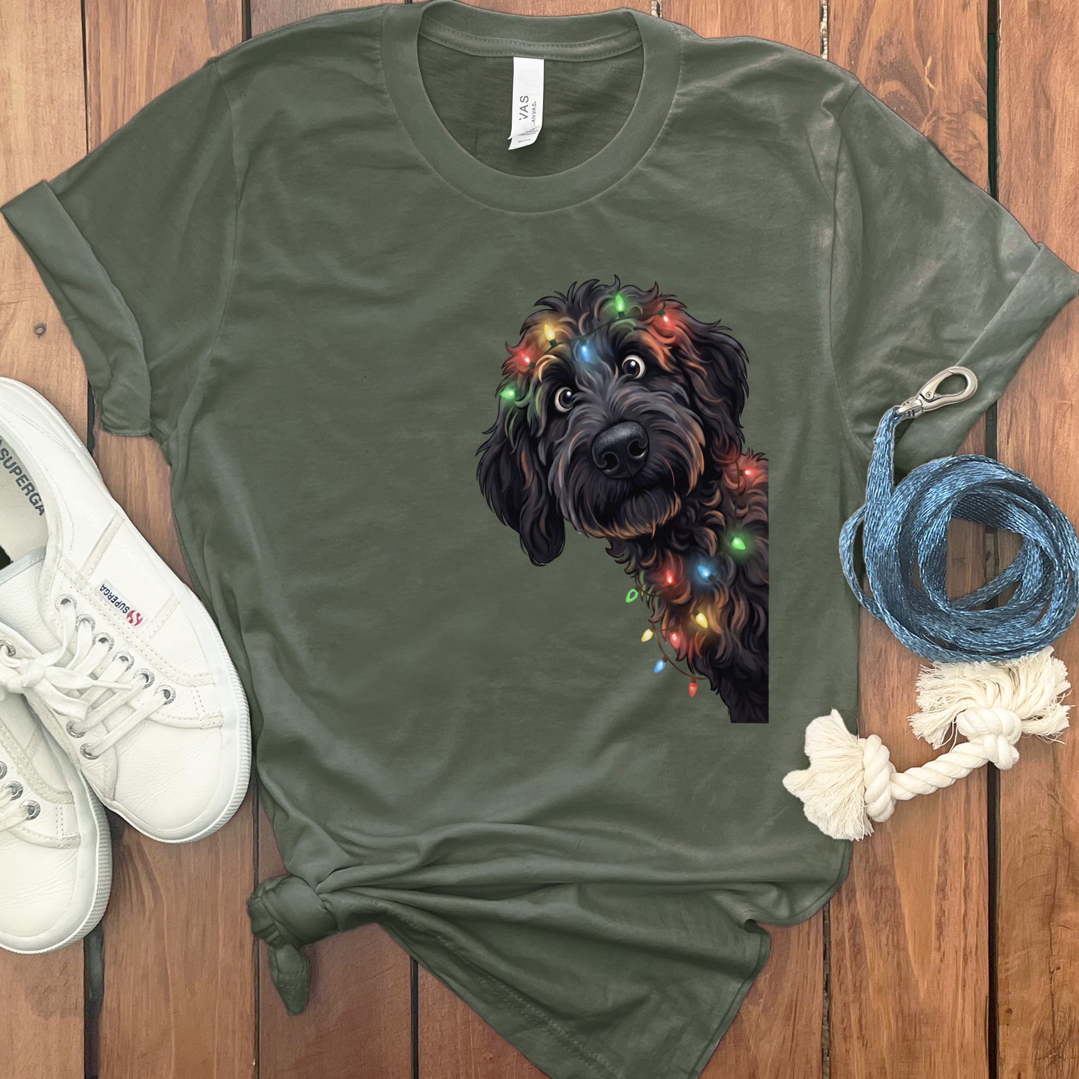Peeking Black Goldendoodle Holiday T-Shirt in Military Green / M / T-Shirts by Puppy Jo