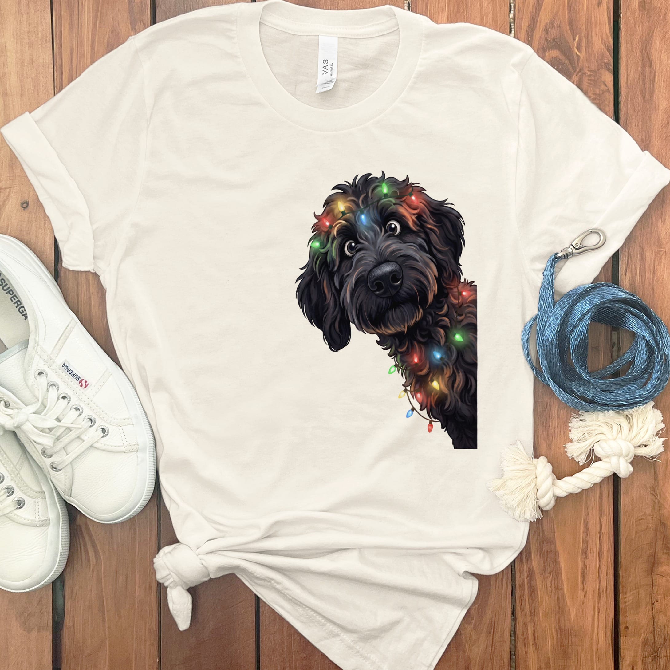Peeking Black Goldendoodle Holiday T-Shirt in Natural / M / T-Shirts by Puppy Jo