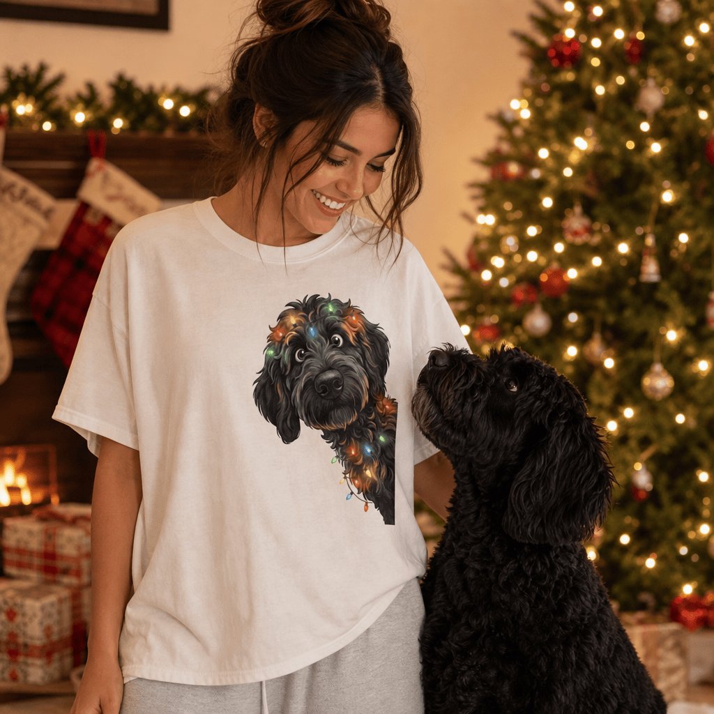 Peeking Black Goldendoodle Holiday T-Shirt in by Puppy Jo