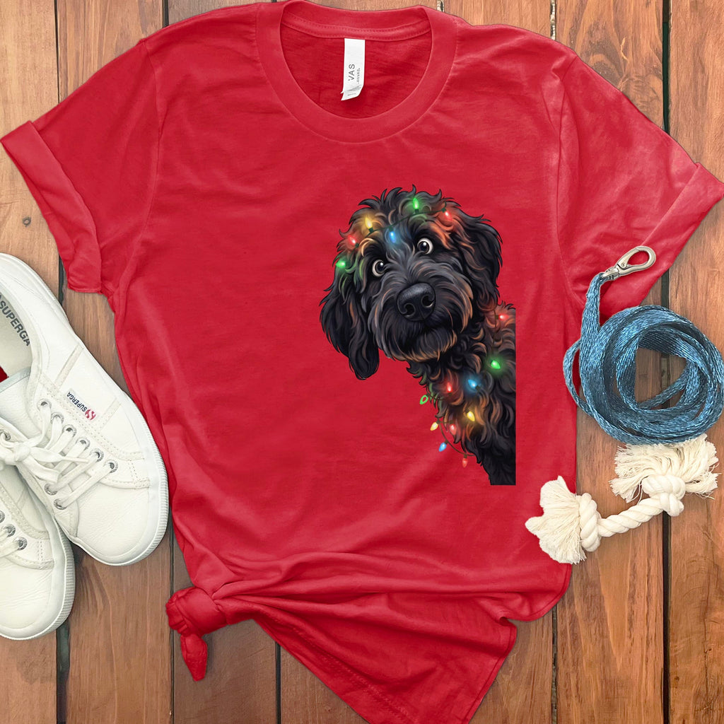 Peeking Black Goldendoodle Holiday T-Shirt in Red / M / T-Shirts by Puppy Jo