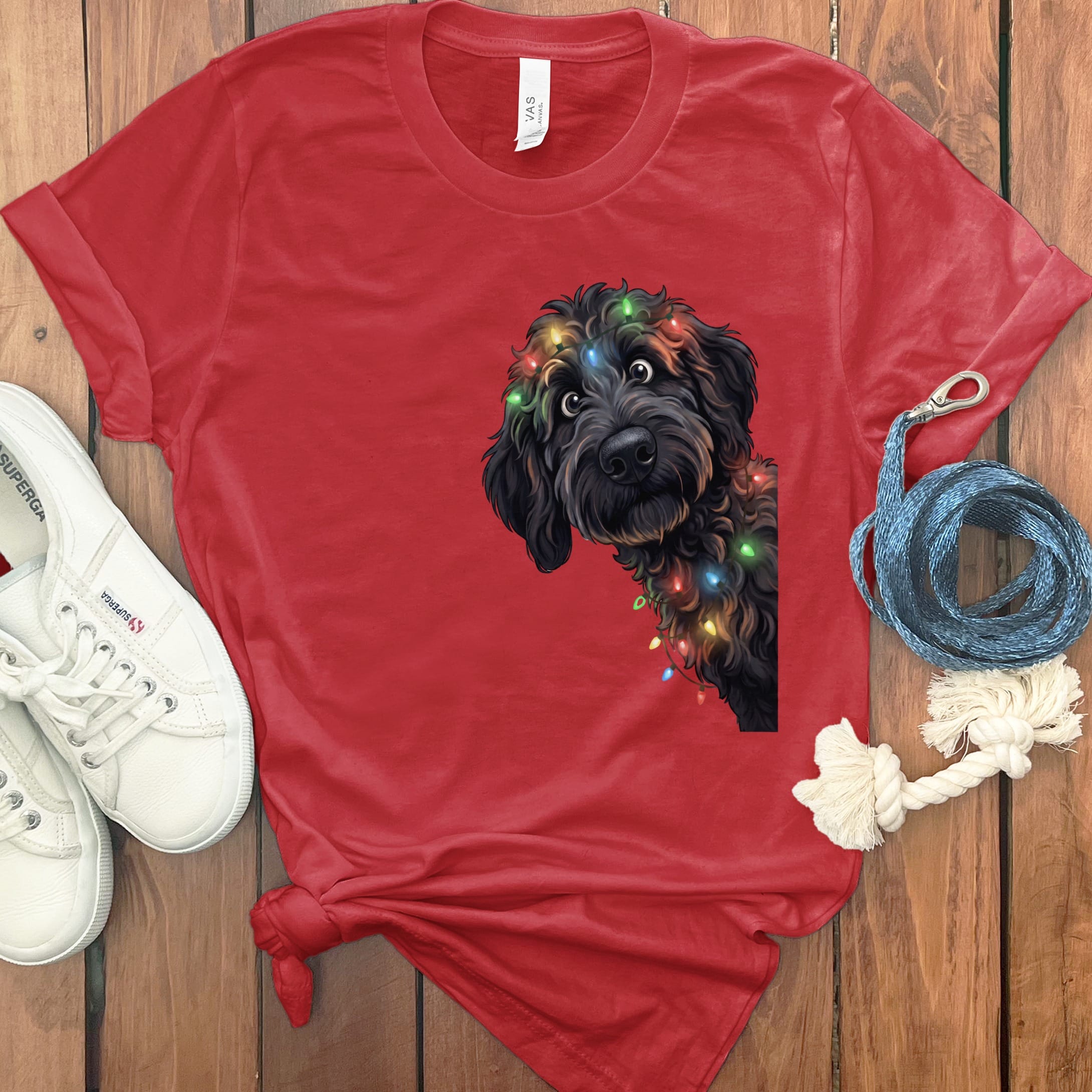 Peeking Black Goldendoodle Holiday T-Shirt in Red / M / T-Shirts by Puppy Jo