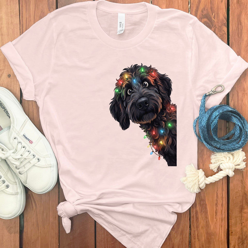 Peeking Black Goldendoodle Holiday T-Shirt in Soft Pink / M / T-Shirts by Puppy Jo