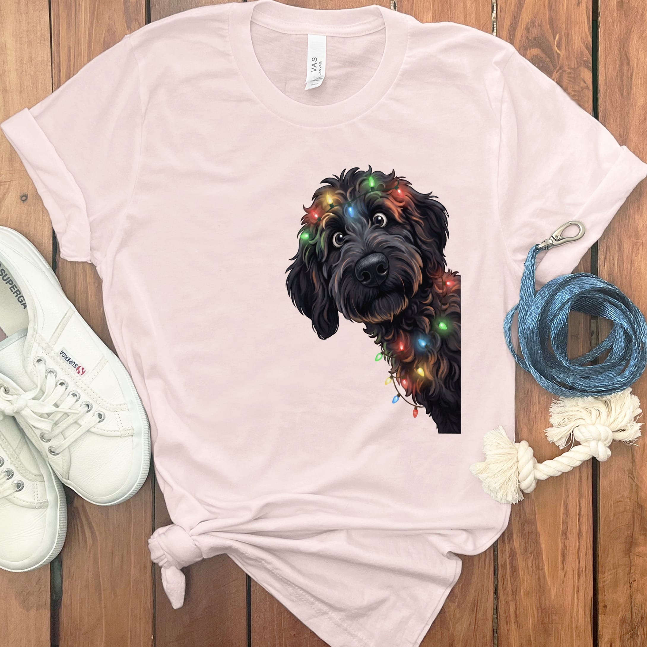 Peeking Black Goldendoodle Holiday T-Shirt in Soft Pink / M / T-Shirts by Puppy Jo