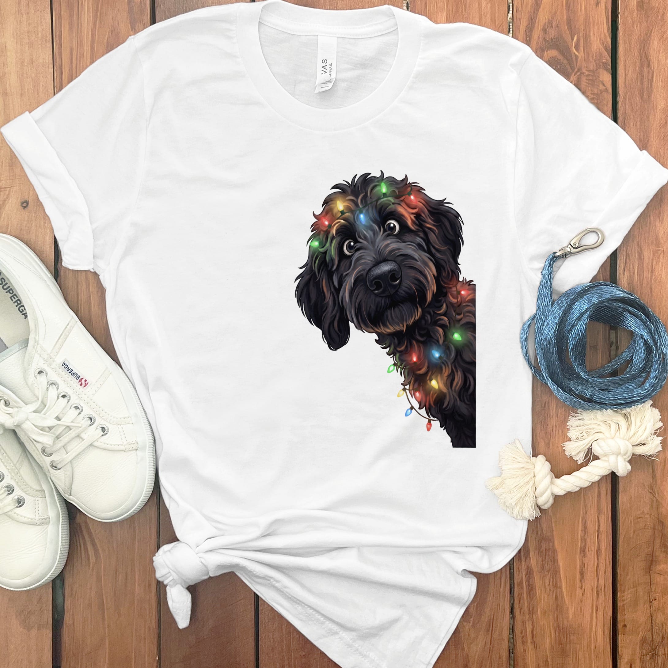 Peeking Black Goldendoodle Holiday T-Shirt in White / M / T-Shirts by Puppy Jo