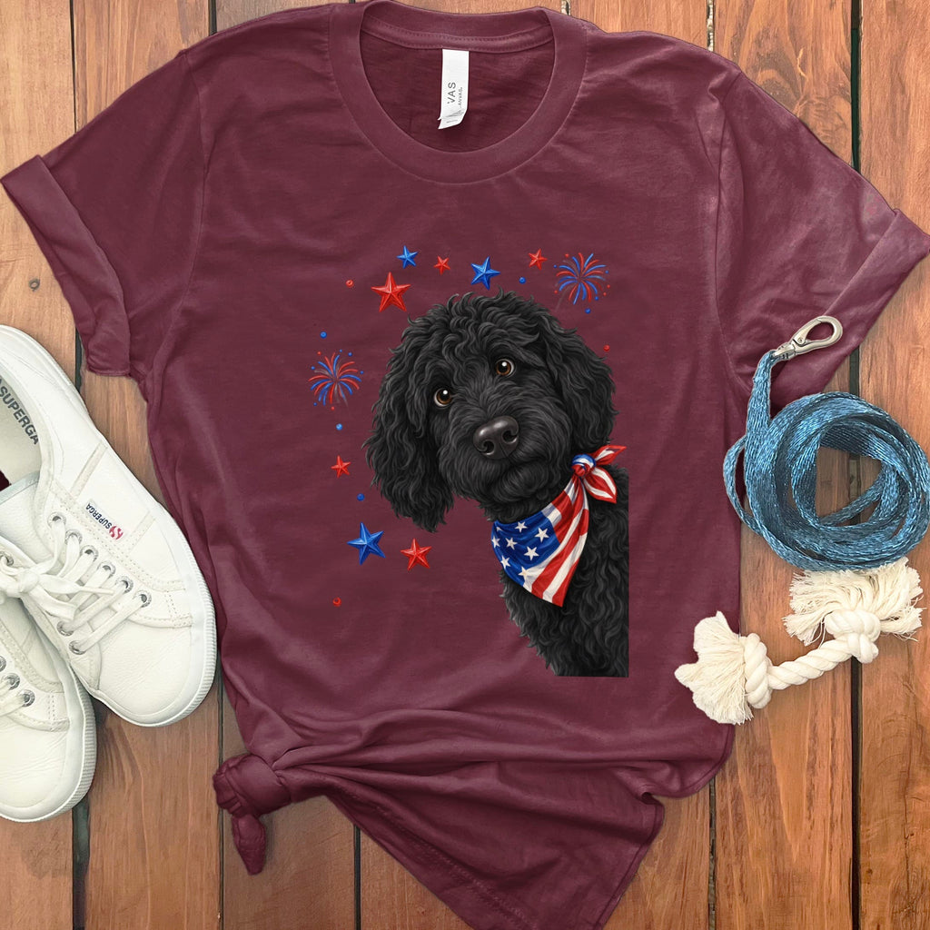Peeking Black Goldendoodle Patriotic T-Shirt in Maroon / S by Puppy Jo