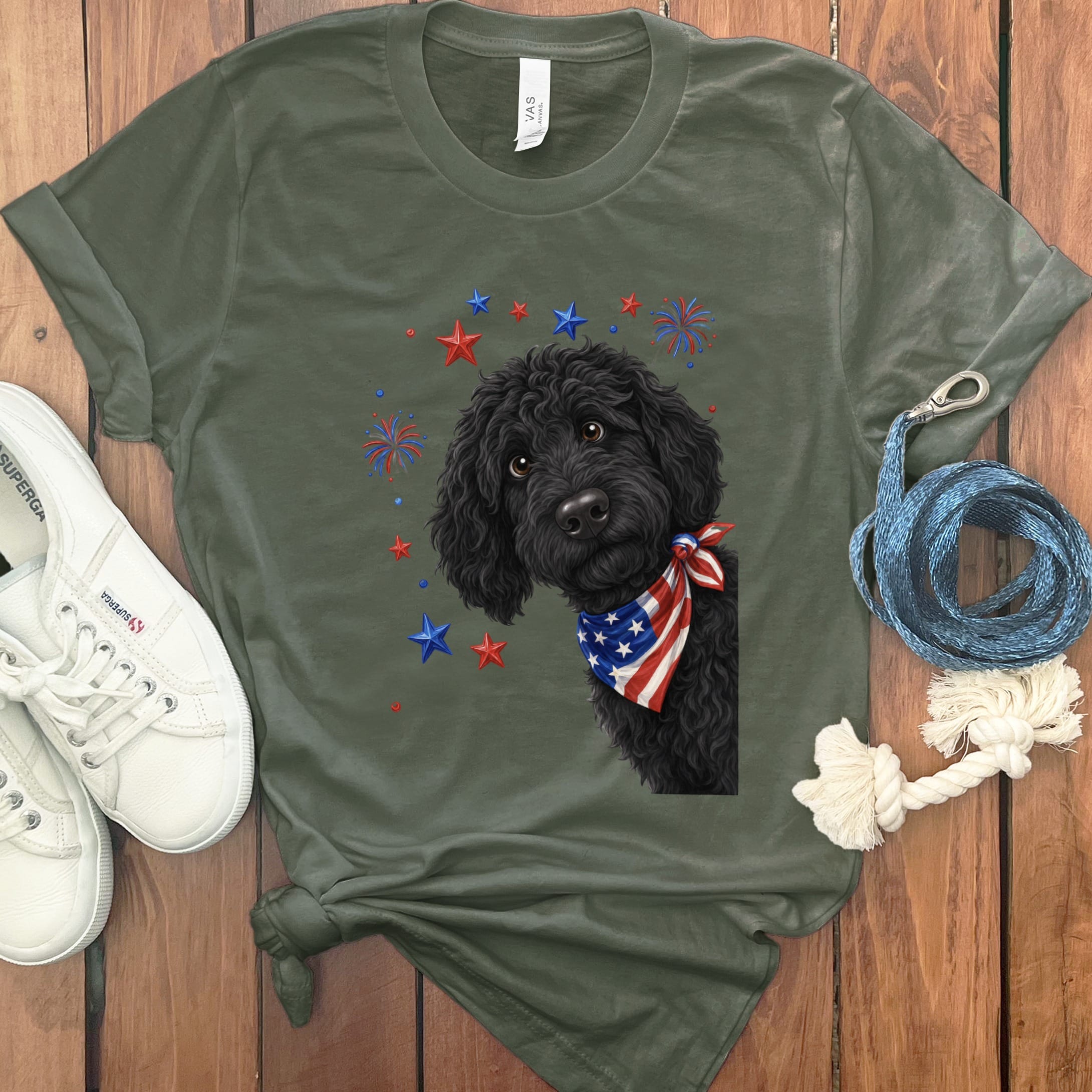 Peeking Black Goldendoodle Patriotic T-Shirt in Military Green / S by Puppy Jo