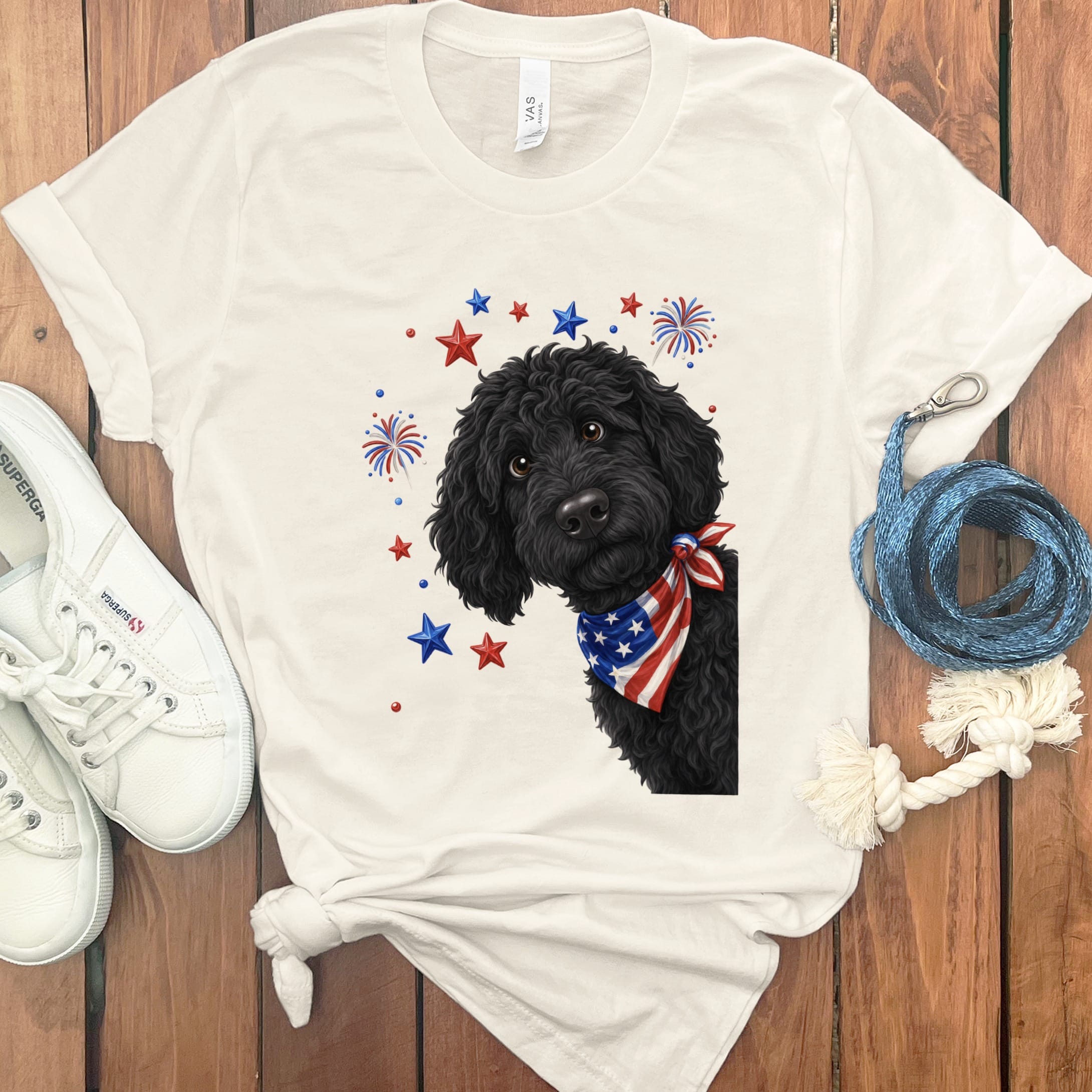 Peeking Black Goldendoodle Patriotic T-Shirt in Natural / S by Puppy Jo