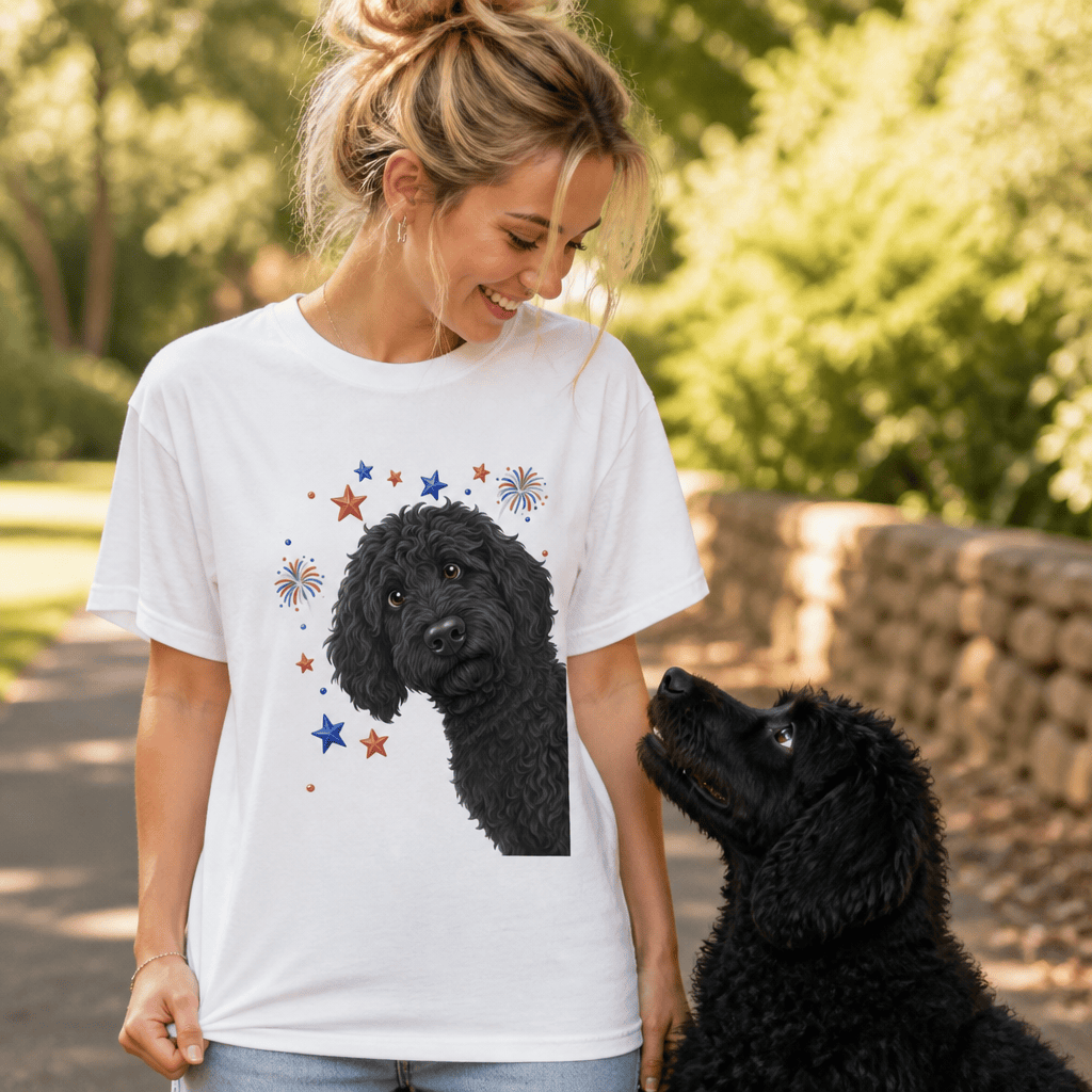 Peeking Black Goldendoodle Patriotic T-Shirt in by Puppy Jo