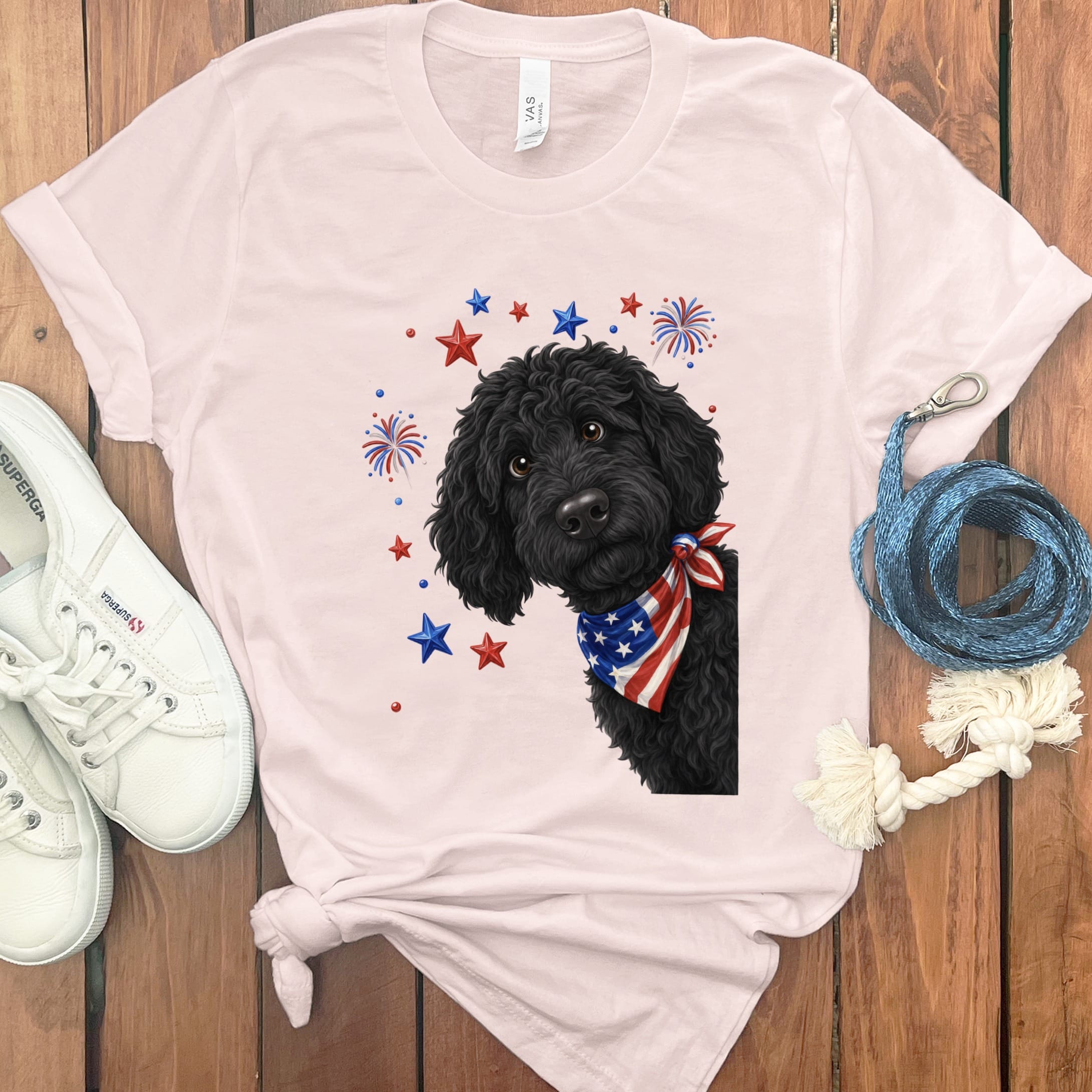 Peeking Black Goldendoodle Patriotic T-Shirt in Soft Pink / S by Puppy Jo
