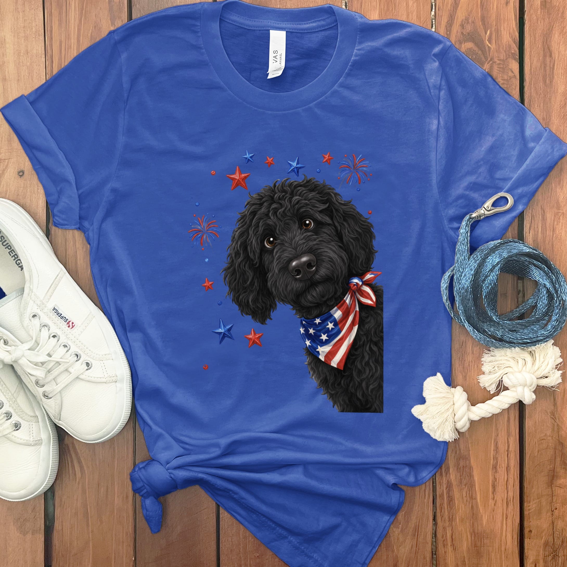 Peeking Black Goldendoodle Patriotic T-Shirt in True Royal / S by Puppy Jo