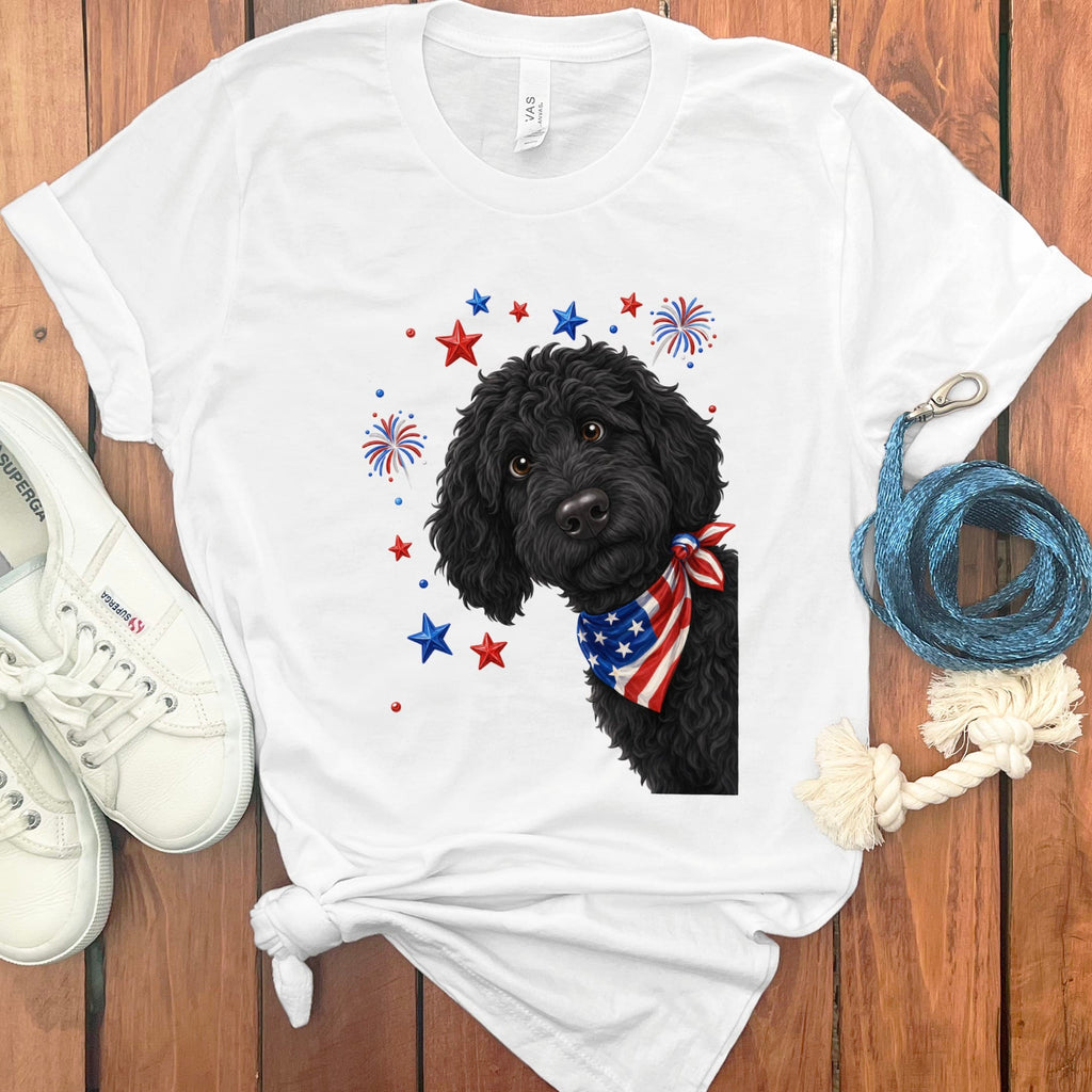 Peeking Black Goldendoodle Patriotic T-Shirt in White / S by Puppy Jo