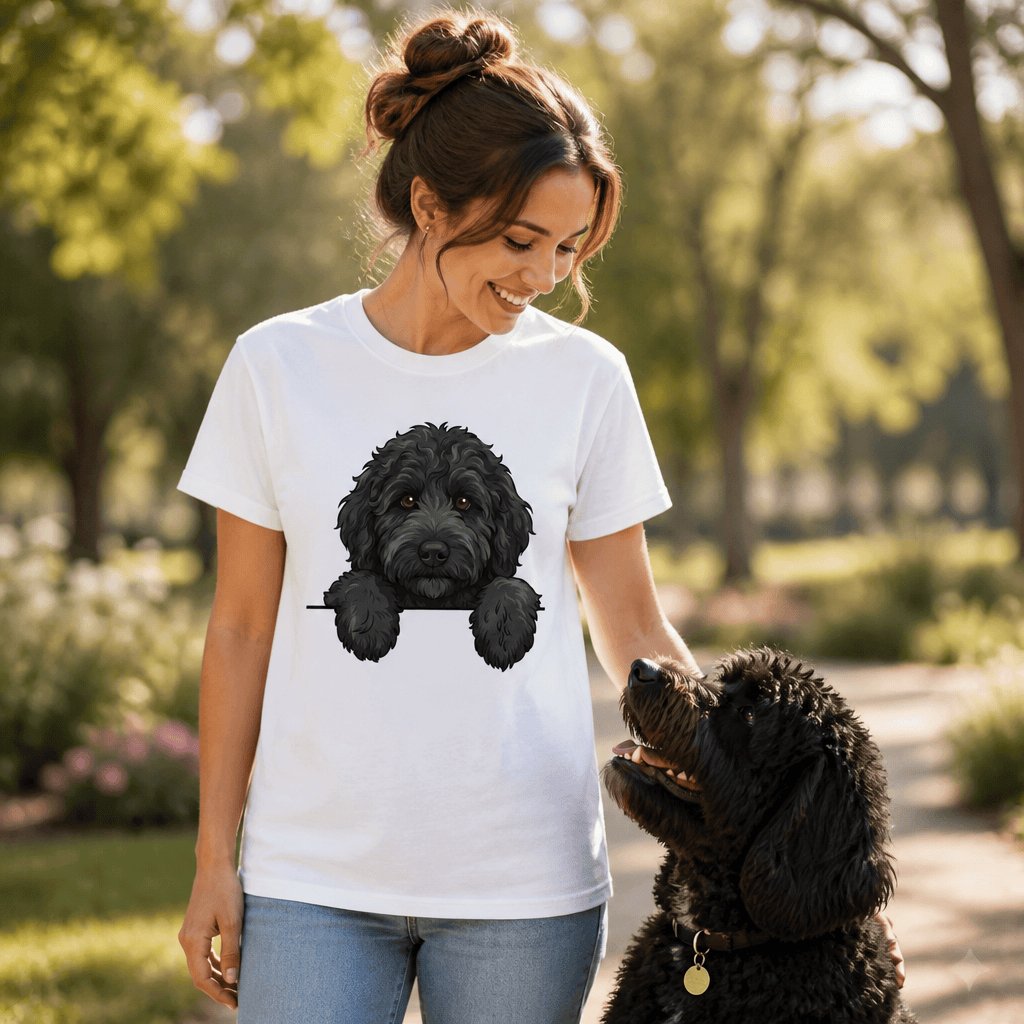 Peeking Black Goldendoodle T-Shirt in by Puppy Jo