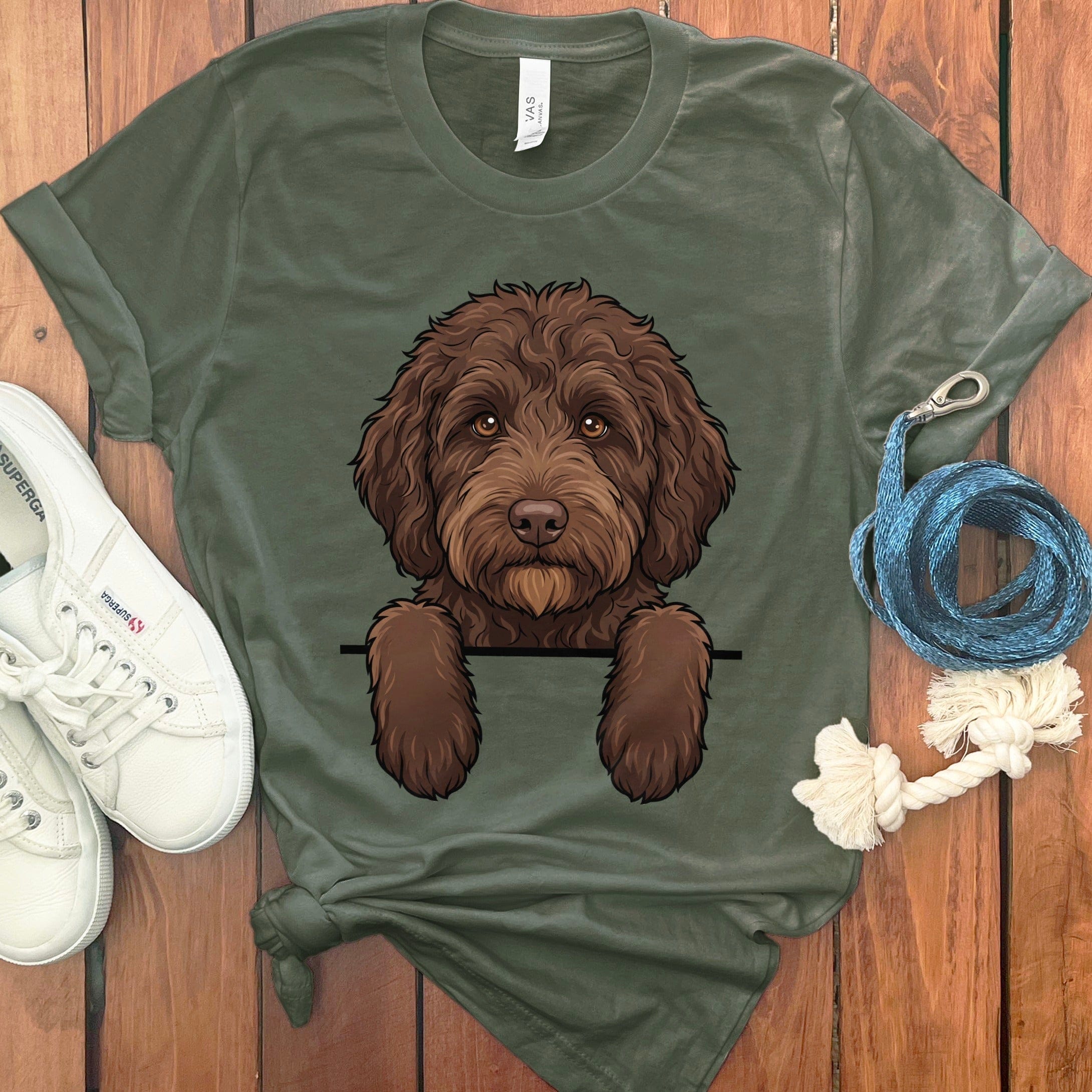Peeking Chocolate Doodle T-Shirt in Military Green / S by Puppy Jo