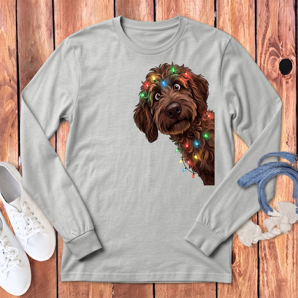 Peeking Chocolate Goldendoodle Holiday Long Sleeve T-Shirt in Athletic Heather / S by Puppy Jo