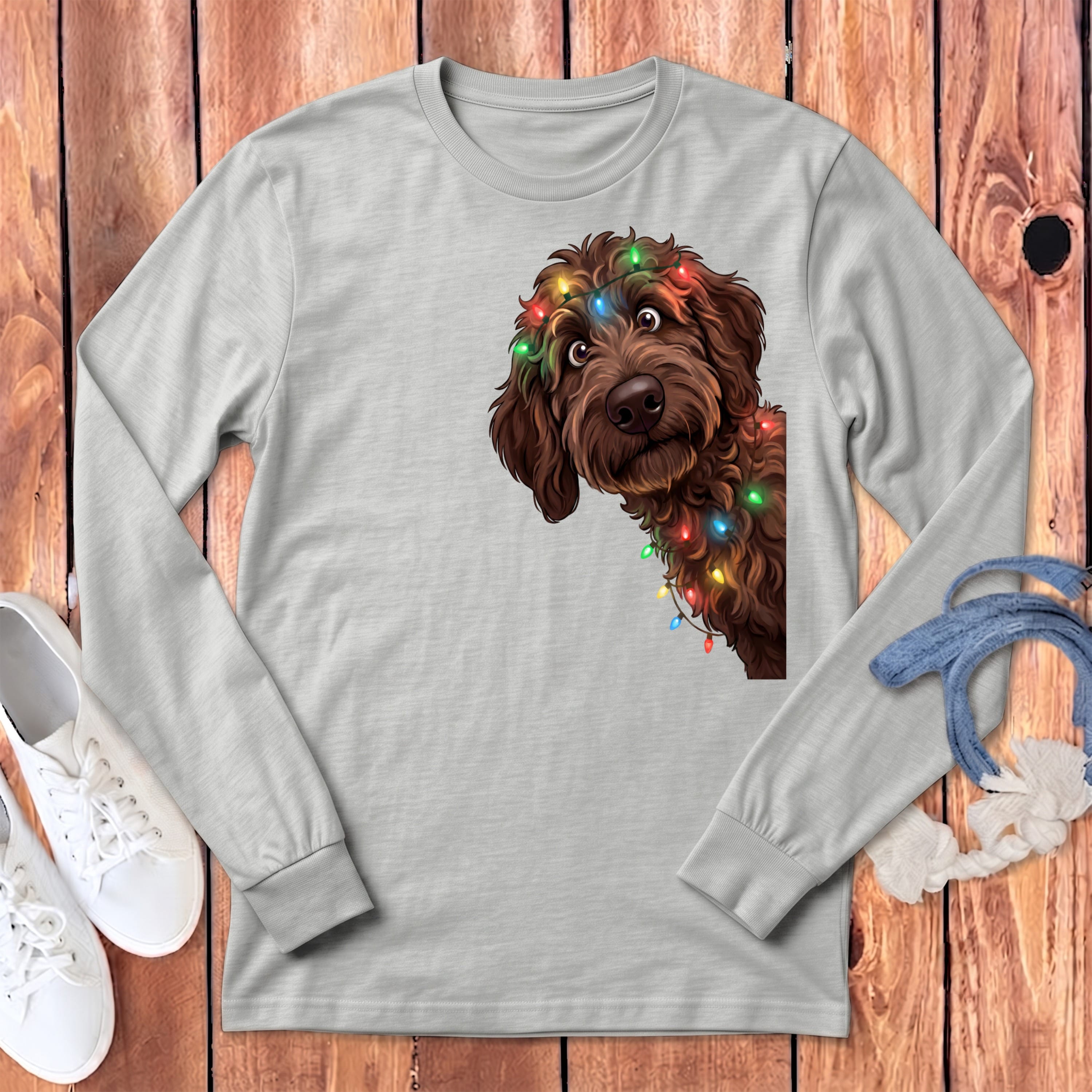 Peeking Chocolate Goldendoodle Holiday Long Sleeve T-Shirt in Athletic Heather / S by Puppy Jo